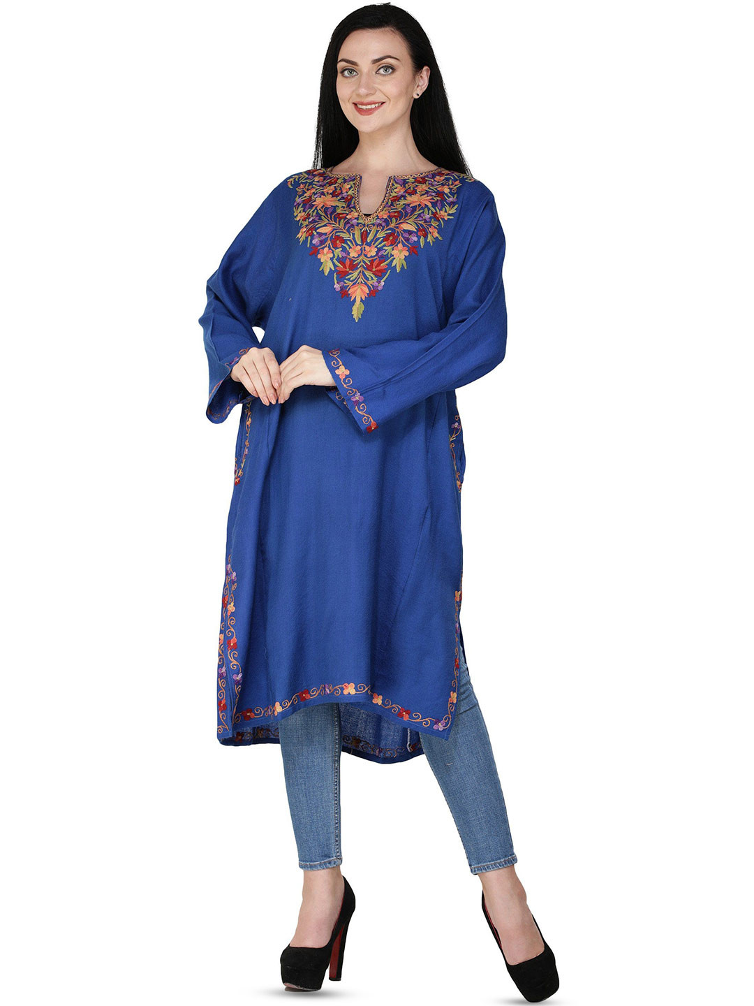 Exotic India True Blue Wool Kashmiri Phiran with Aari Hand-Embroidery on Neck