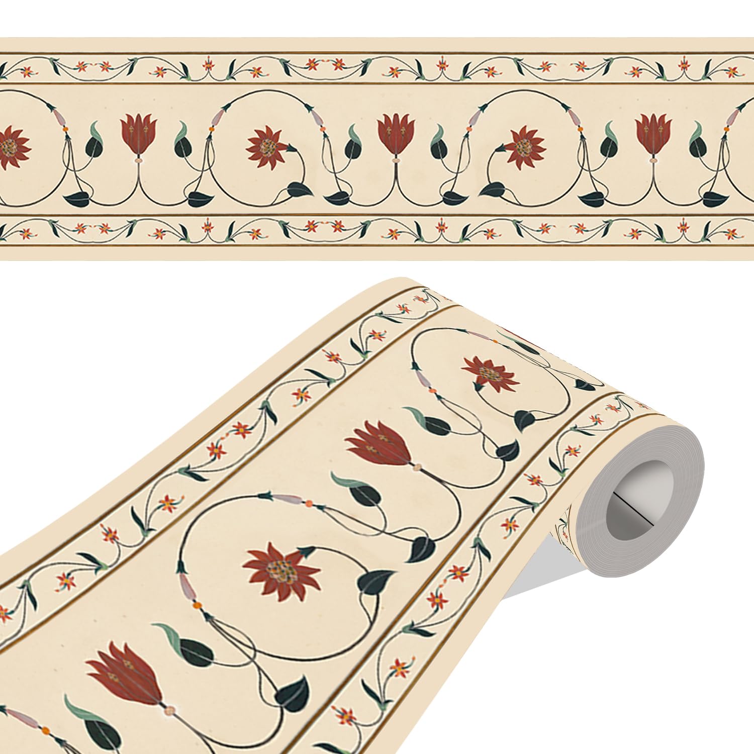 ELTON Peel and Stick Wallpaper Border - Floral Stone Marble Inlay Pattern - Glossy Laminated Waterproof PVC