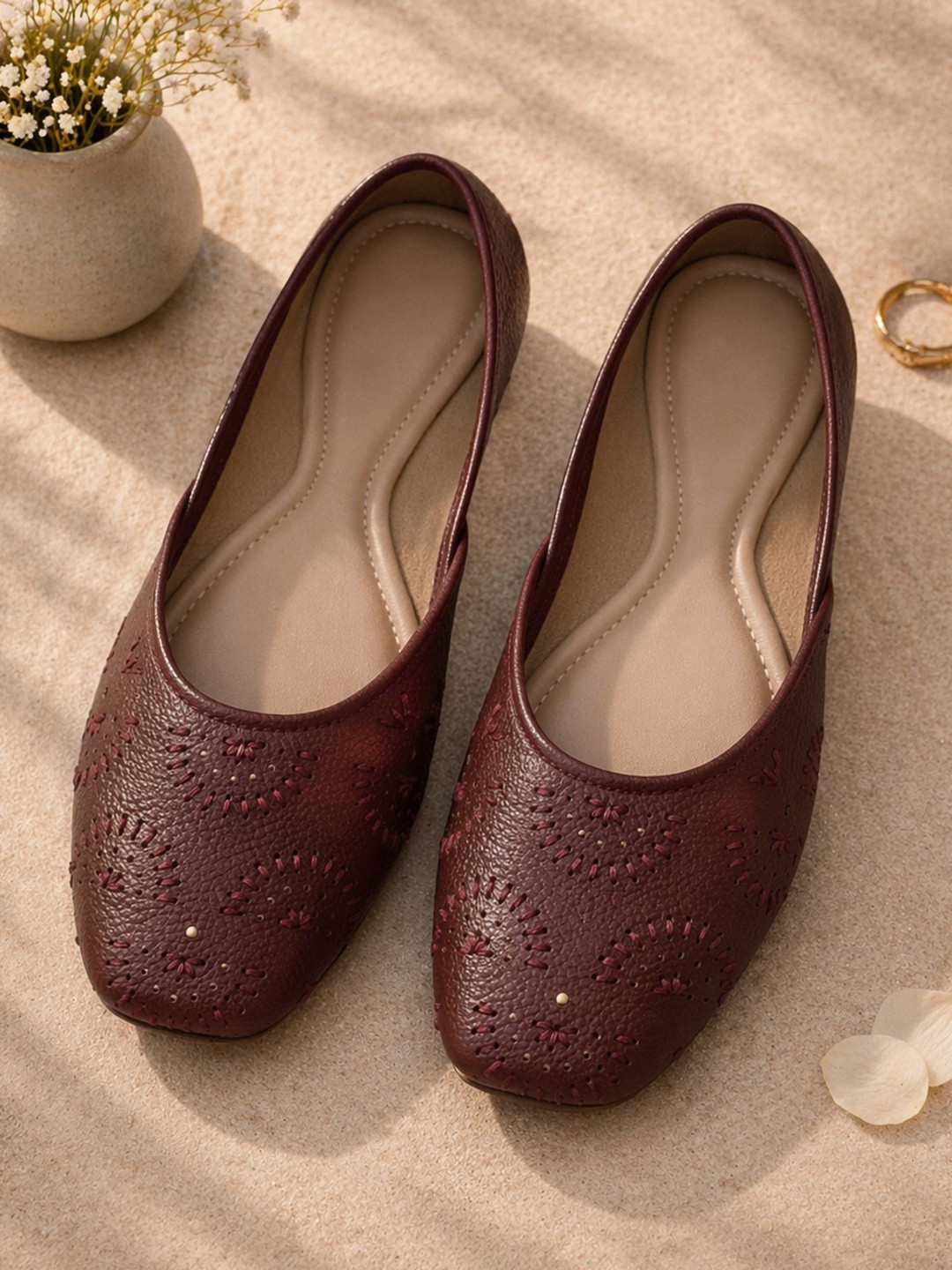RAHEGAS Textured Ethnic Mojaris with Laser Cuts Flats