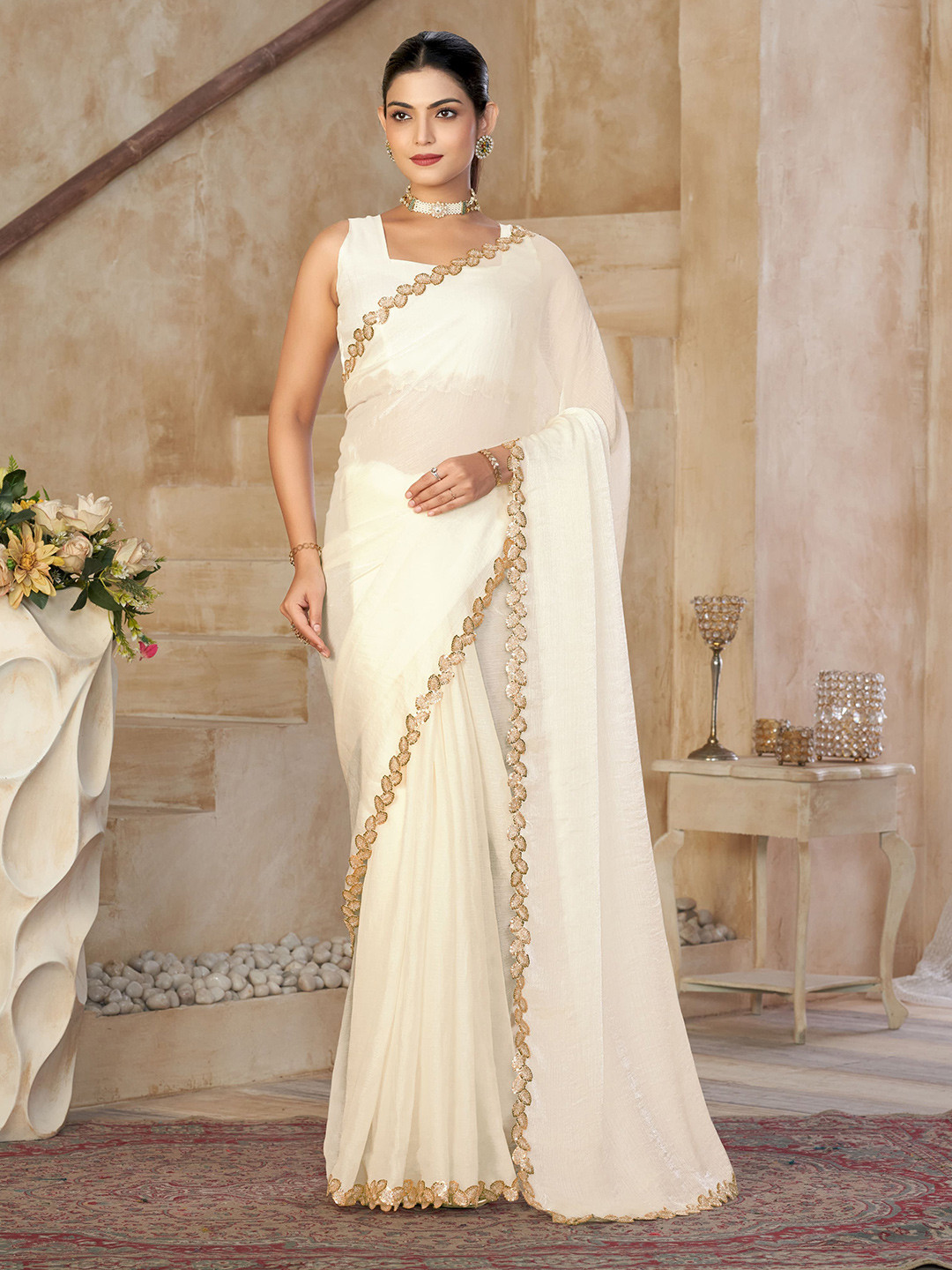 kasee Solid Embellished Sequinned Saree With Blouse Piece