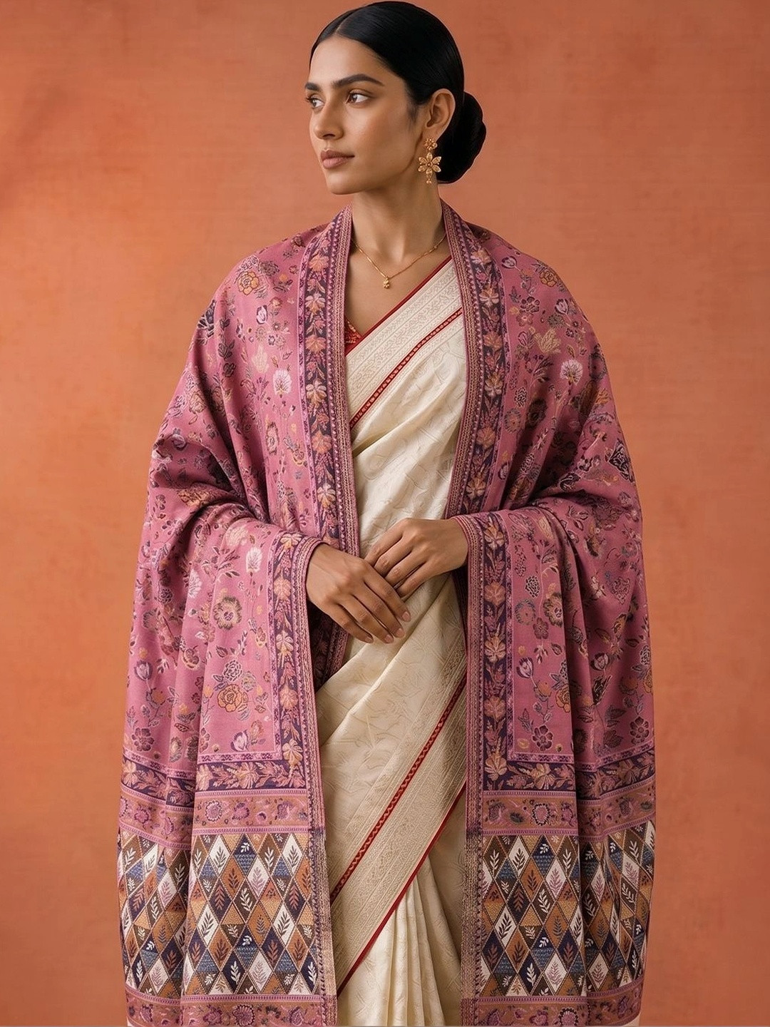 SOURAGYA Women Ethnic Pink Winter Floral Woven Design Pashmina Fringed Border Shawl