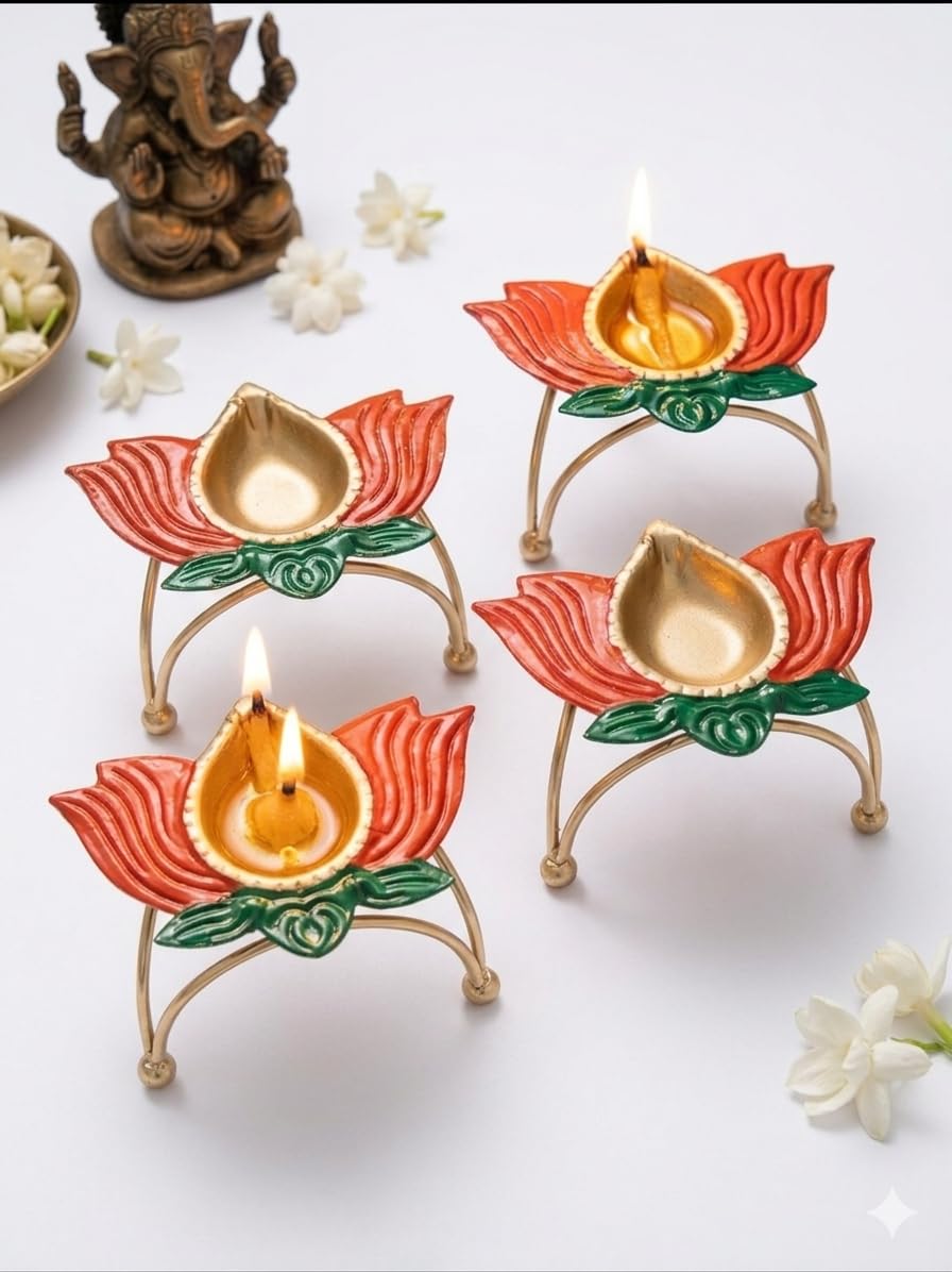 S.S Handicraft Metal Lotus Diya with Stand for Puja (Set of 4)