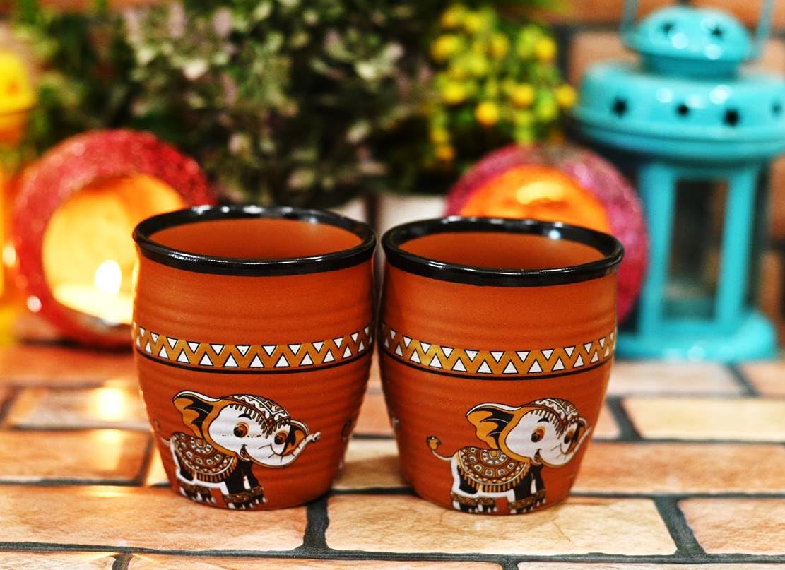 Warli Painting Ceramic Kullad Tea Cups, Kulhad chai Cups (Jai Ceramic Kulled Set of 2)