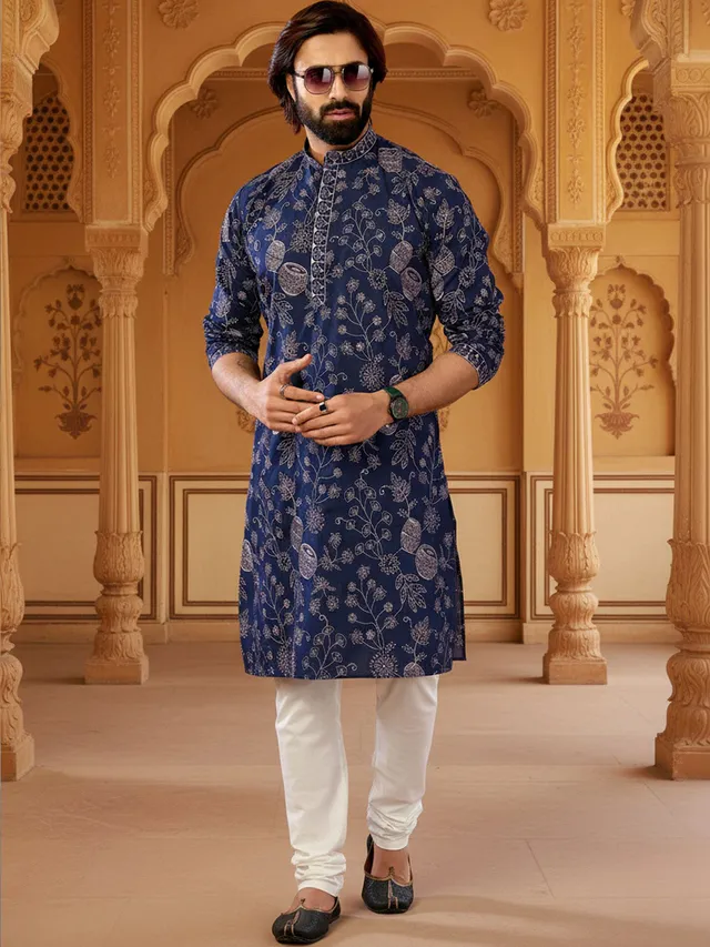 House of Pataudi Men Floral Printed Thread Work Floral Kurta