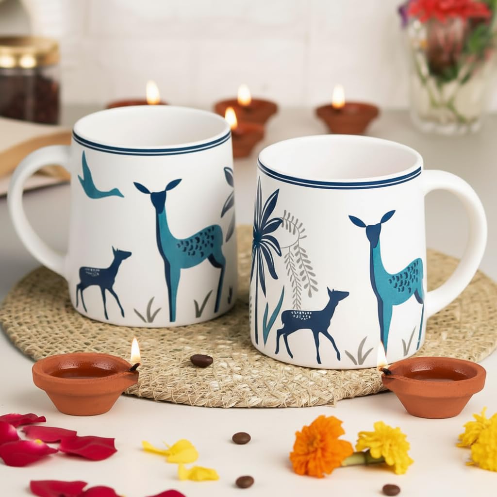 The Earth Store Stag Blue Coffee Mugs Set of 2 to Gift to Best Friends, Coffee Mugs, Microwave Safe Ceramic Mugs,
