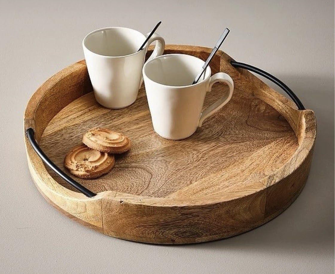 Craft Mshopr Medium Rustic Round Wooden Serving Tray 10x10x2 Inches - Handcrafted Mango Wood with Iron Handles