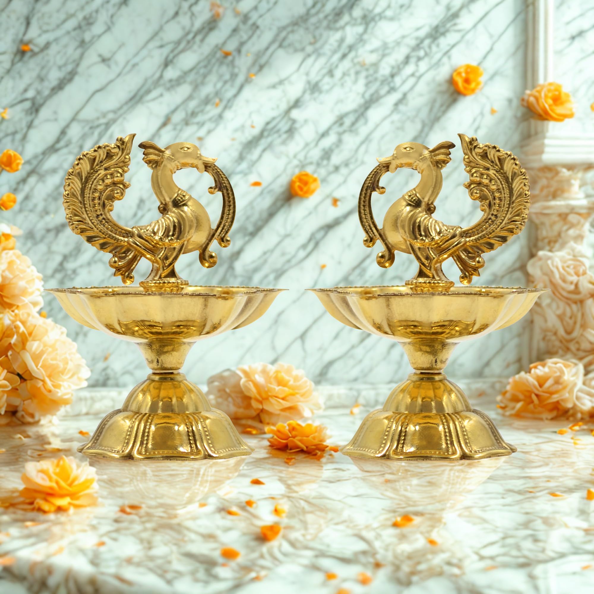 CraftVatika Pure Brass Diya, Peacock Design Brass Diya Set of 2, Kuthu Vilakku for Home Diwali Decor Items