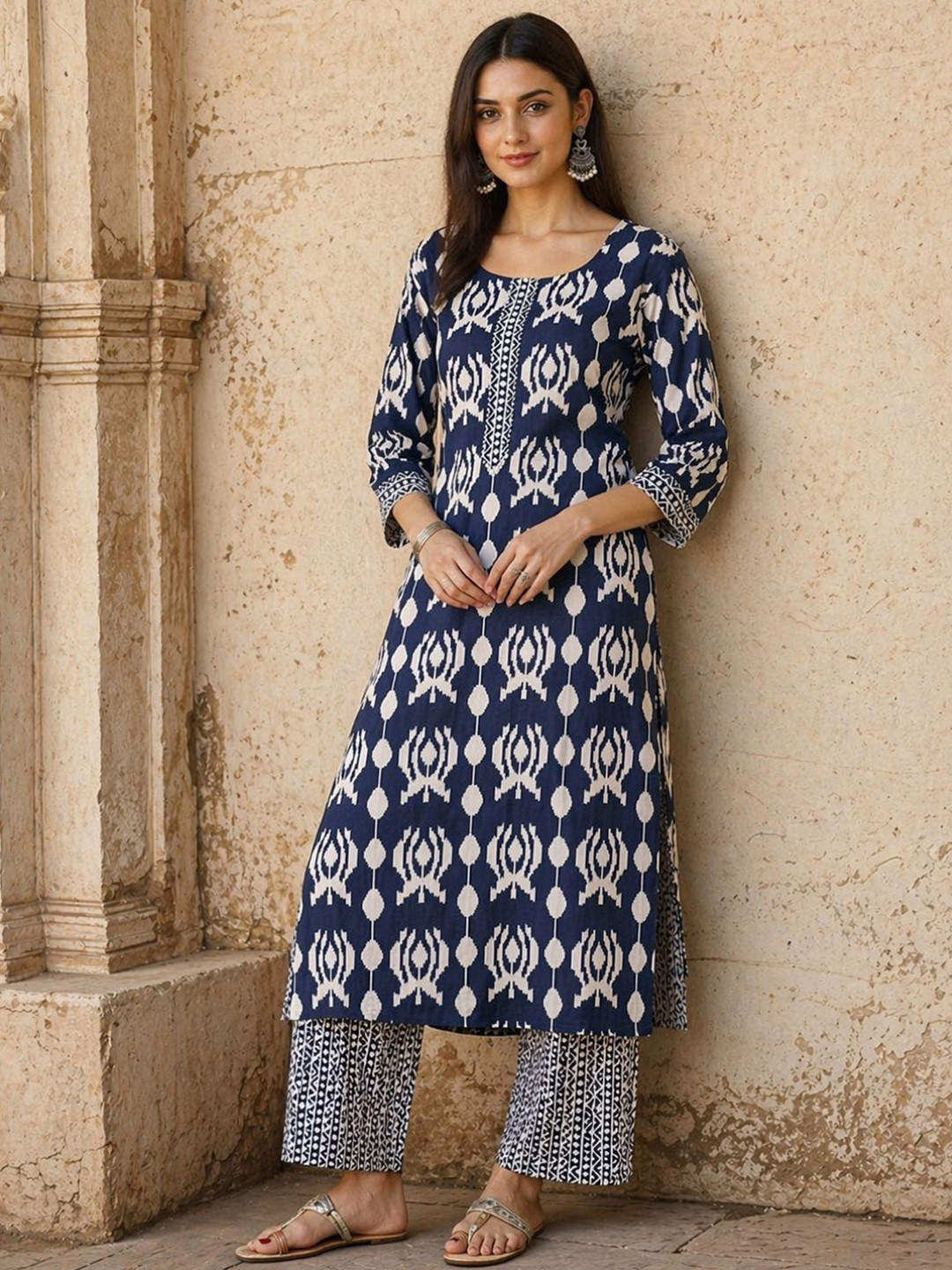 Anouk Women Ethnic Motifs Printed Regular Thread Work Pure Cotton Kurta with Trousers