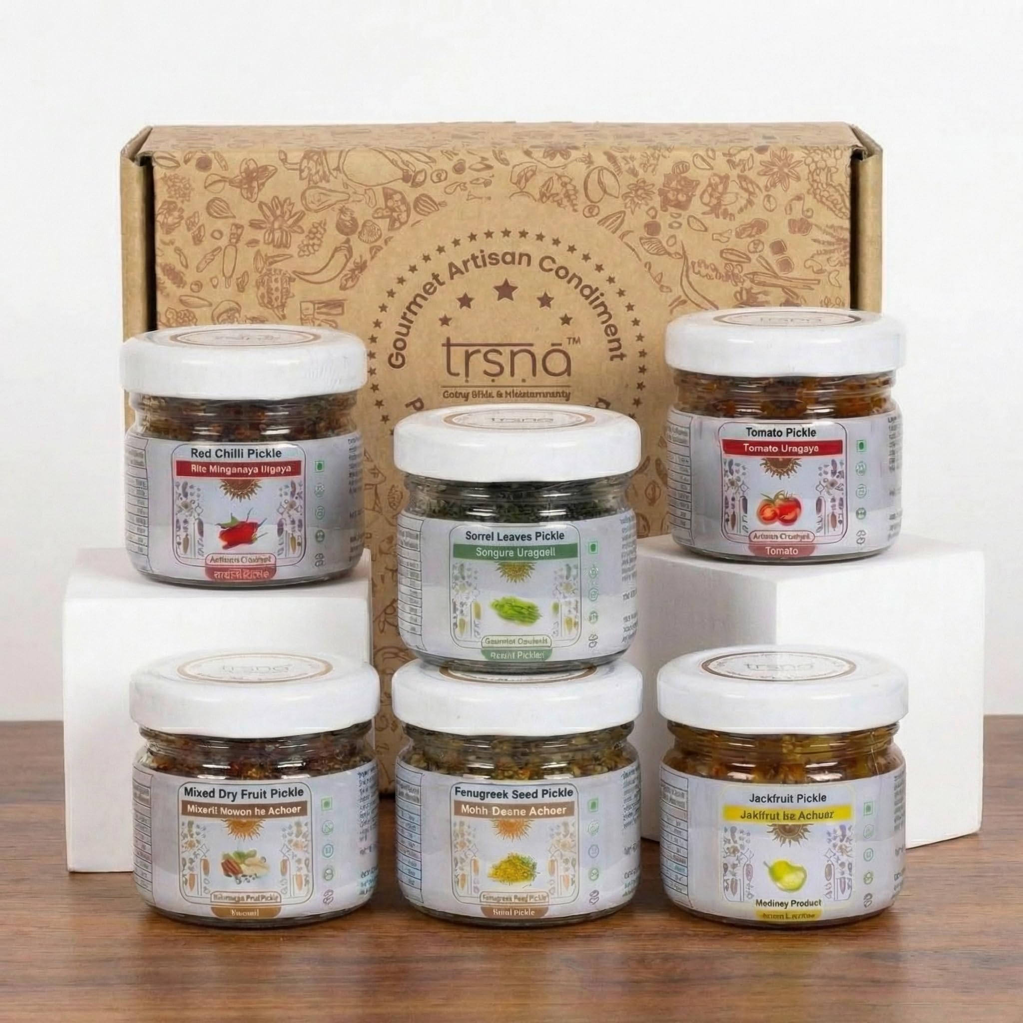 Trsna Trial Pack of 6 Pickle – Bitter Gourd (Karela), Raw Turmeric (Haldi), Lungru, Jackfruit (Fanas)(Kathal)