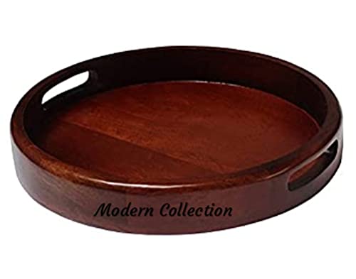 Handmade Round Wooden Serving Tray for Dining Table & Home Kitchen (Size-12inch) (Dark Brown)