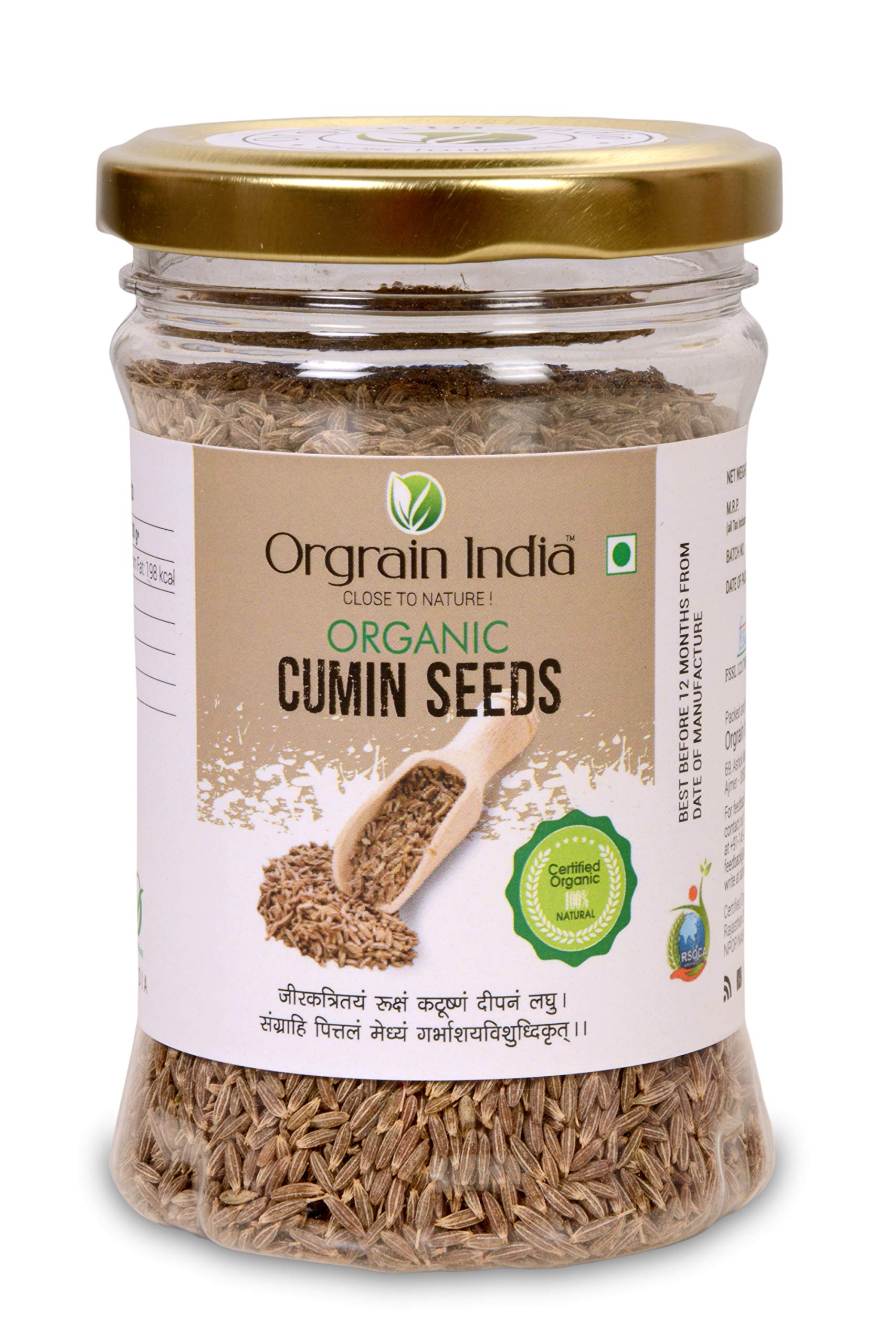 Orgrain India Organic Cumin, Jeera Seeds 120g, Whole Cuminum Cyminum, From Company-Owned Organic Farms, Aids Digestion