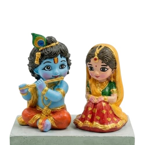 Miniature Radha Krishna Pair Showpiece - Small Resin Cute Bal Gopal and Radha Rani Doll Set for Living Room Decoration
