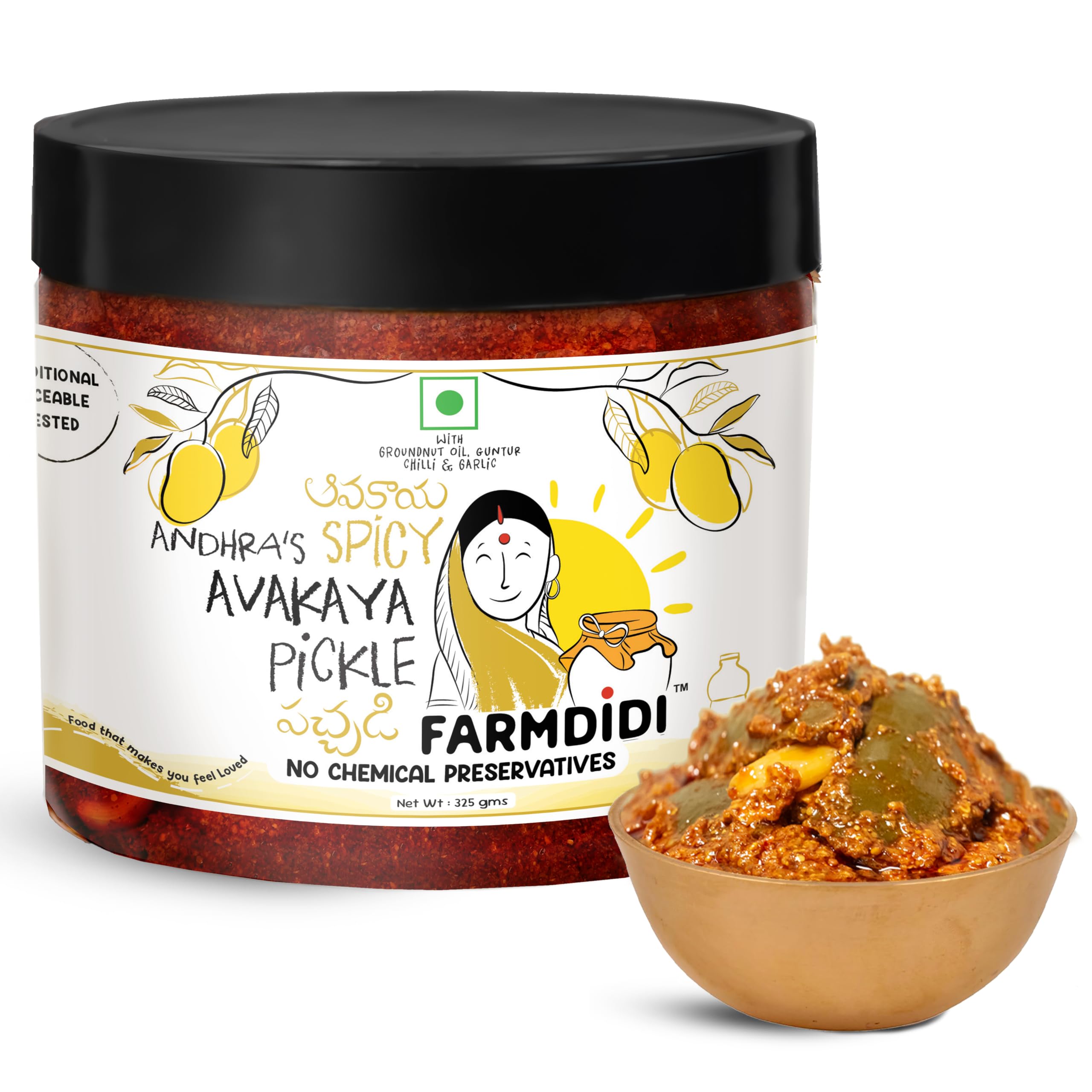 FarmDidi Avakaya Mango Pickle with Garlic Homemade Spicy Andhra-Style Avakai Achar Made in Groundnut Oil South Indian