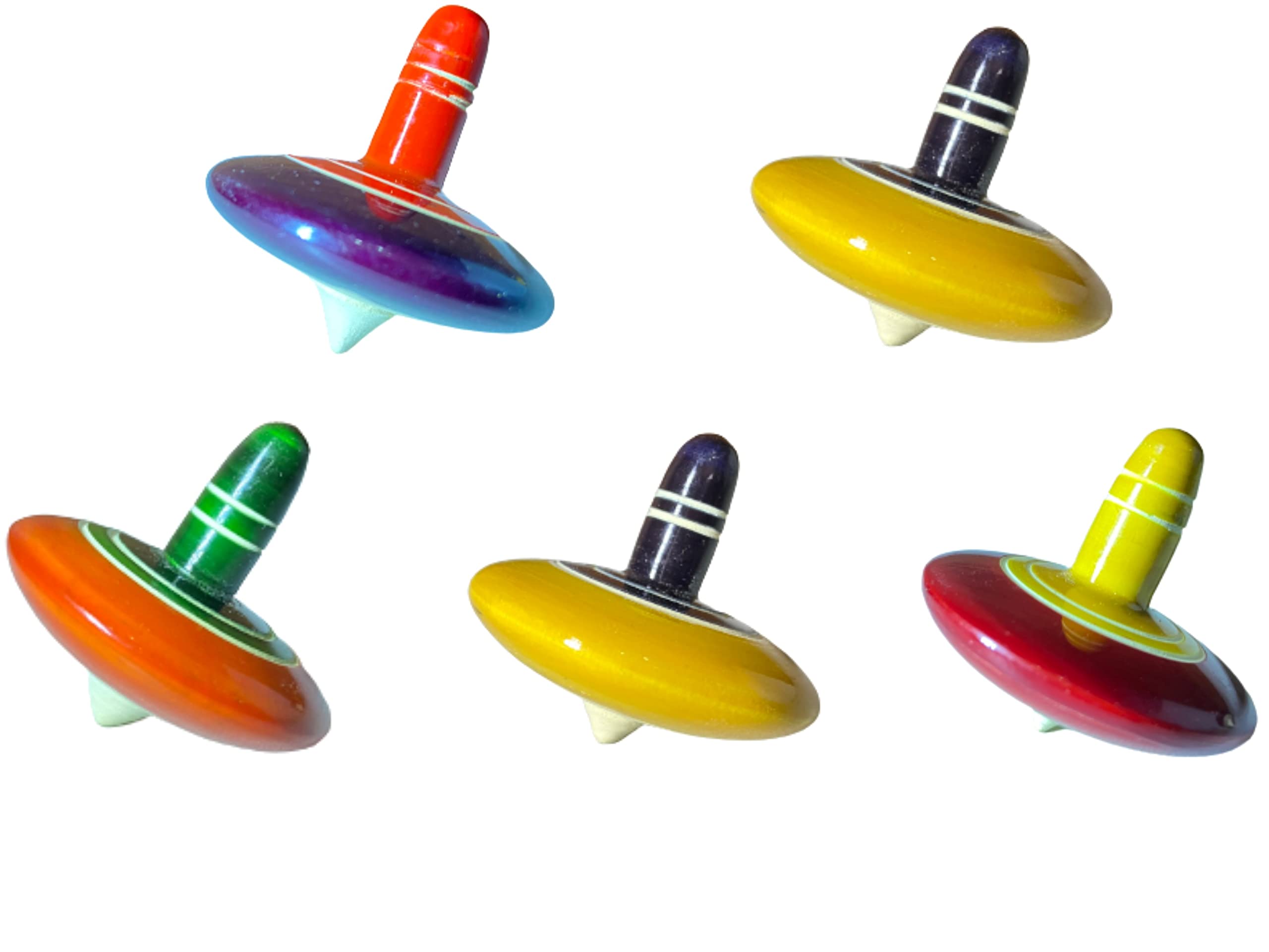 Wooden Hand Spinning Tops Combo Pack of 5 nos (Buguri, Lattu, Bambaram) Multi Color
