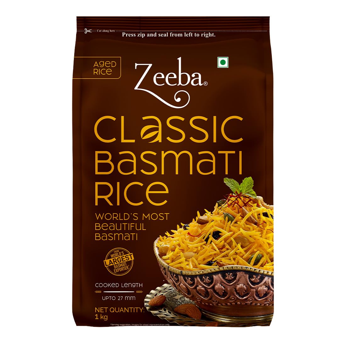 Zeeba Classic Basmati Rice 1 Kg, Raw & Naturally Aged for 2 years, Extra Long Grains (Cooked length upto 27mm*)