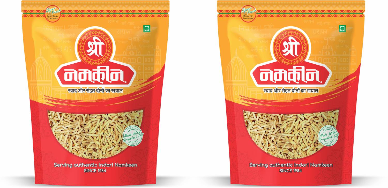 Shree Namkeen Ratlami Sev - Indore Special, Medium Spicy Crispy and Crunchy - Pack of 2, 400gm Each Bhujia Sev