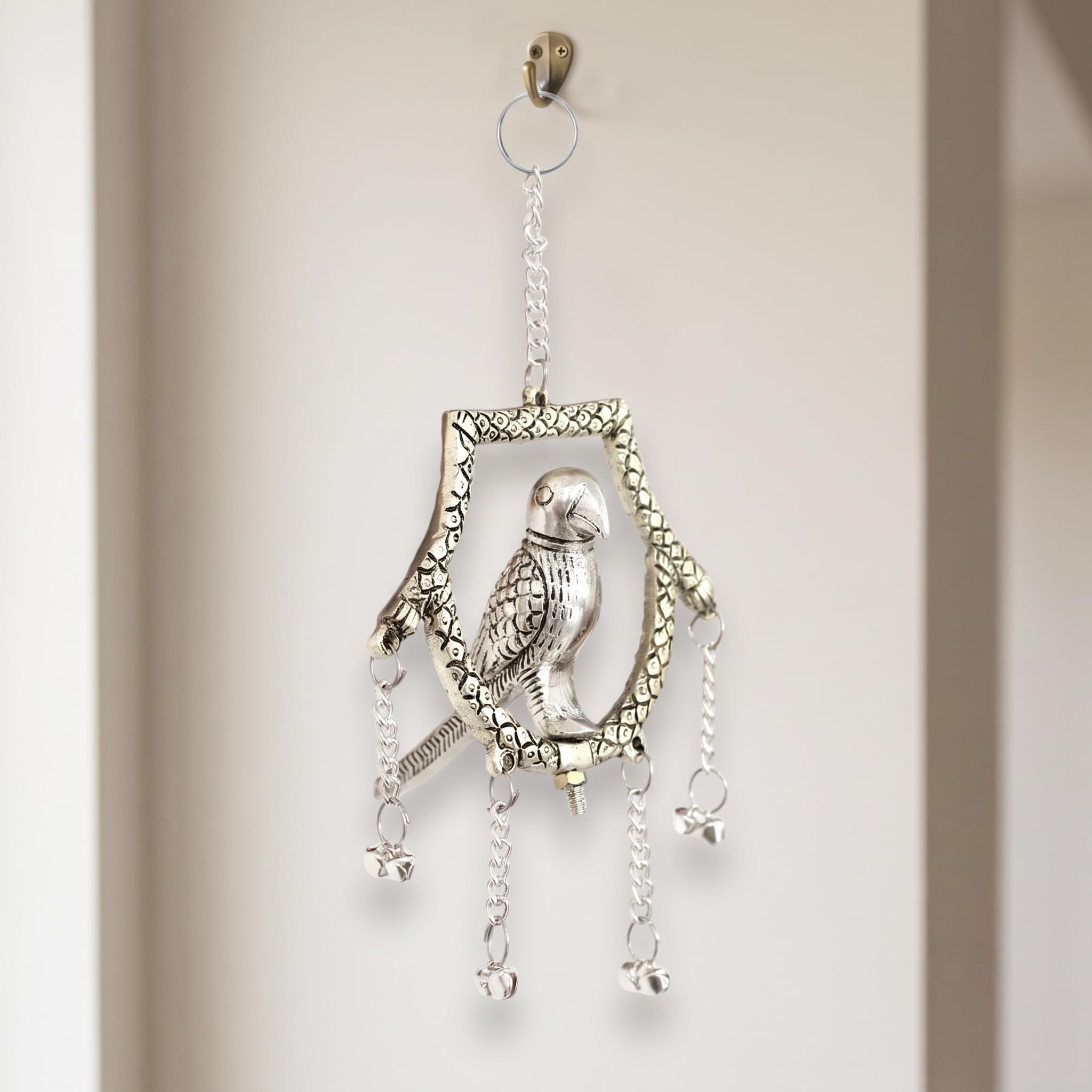 KridayKraft Silver Plated Tikona Parrot Metal Hanging Décor with Chains and Bells