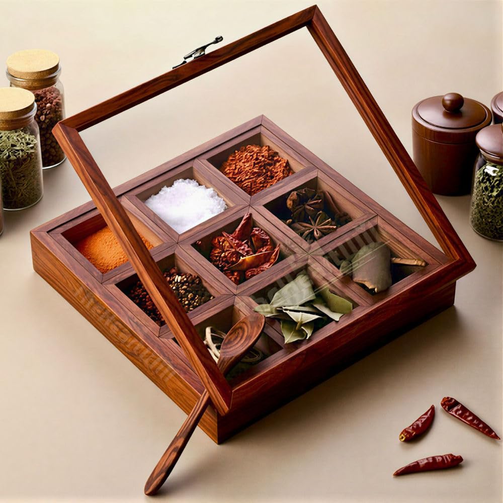 THEHEARTWILL Sheesham Wooden Spice Box with 2 Spoons
