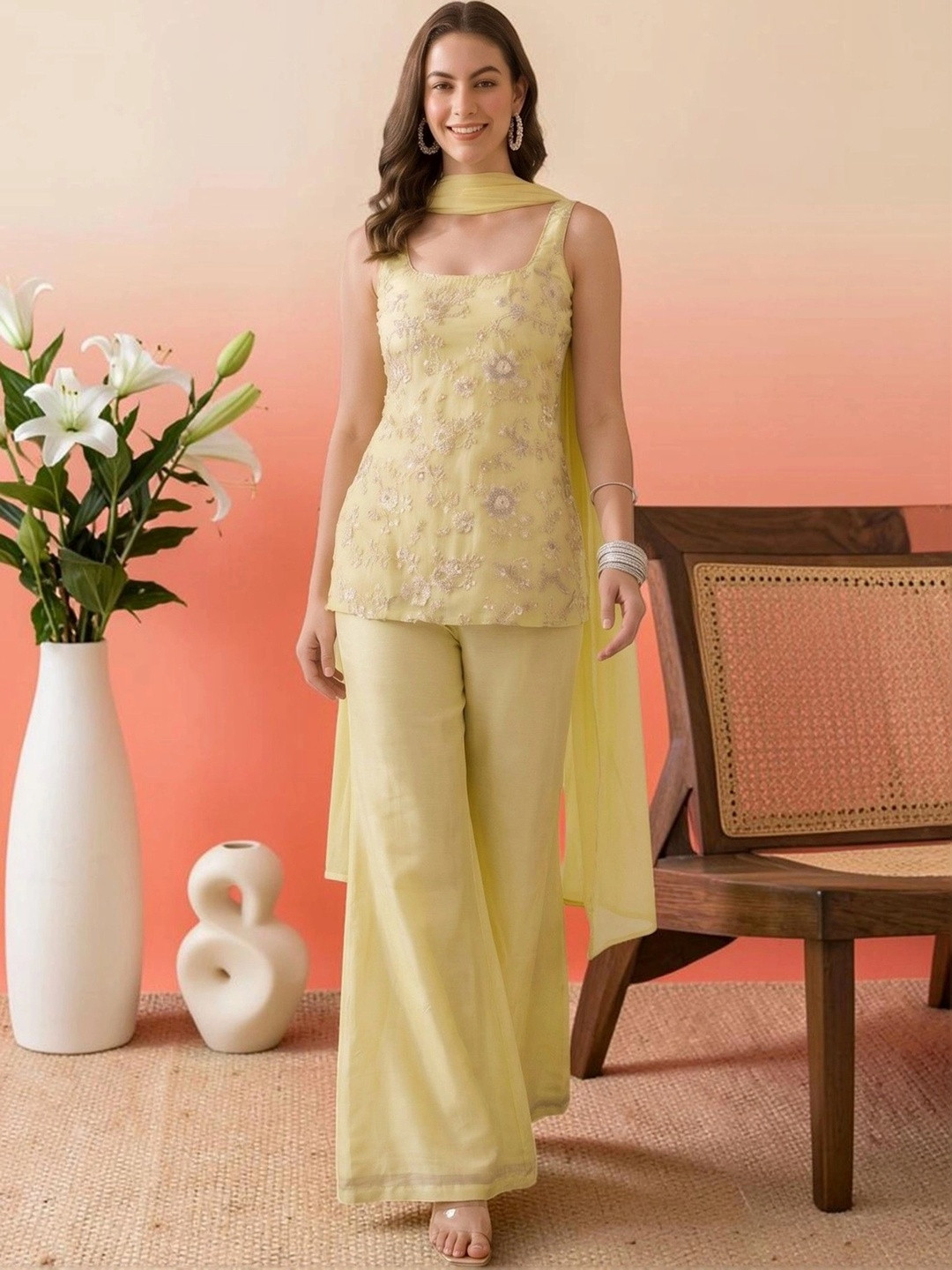 Sanwariya Silk Women Ethnic Motifs Embroidered Work Kurta with Palazzos & With Dupatta