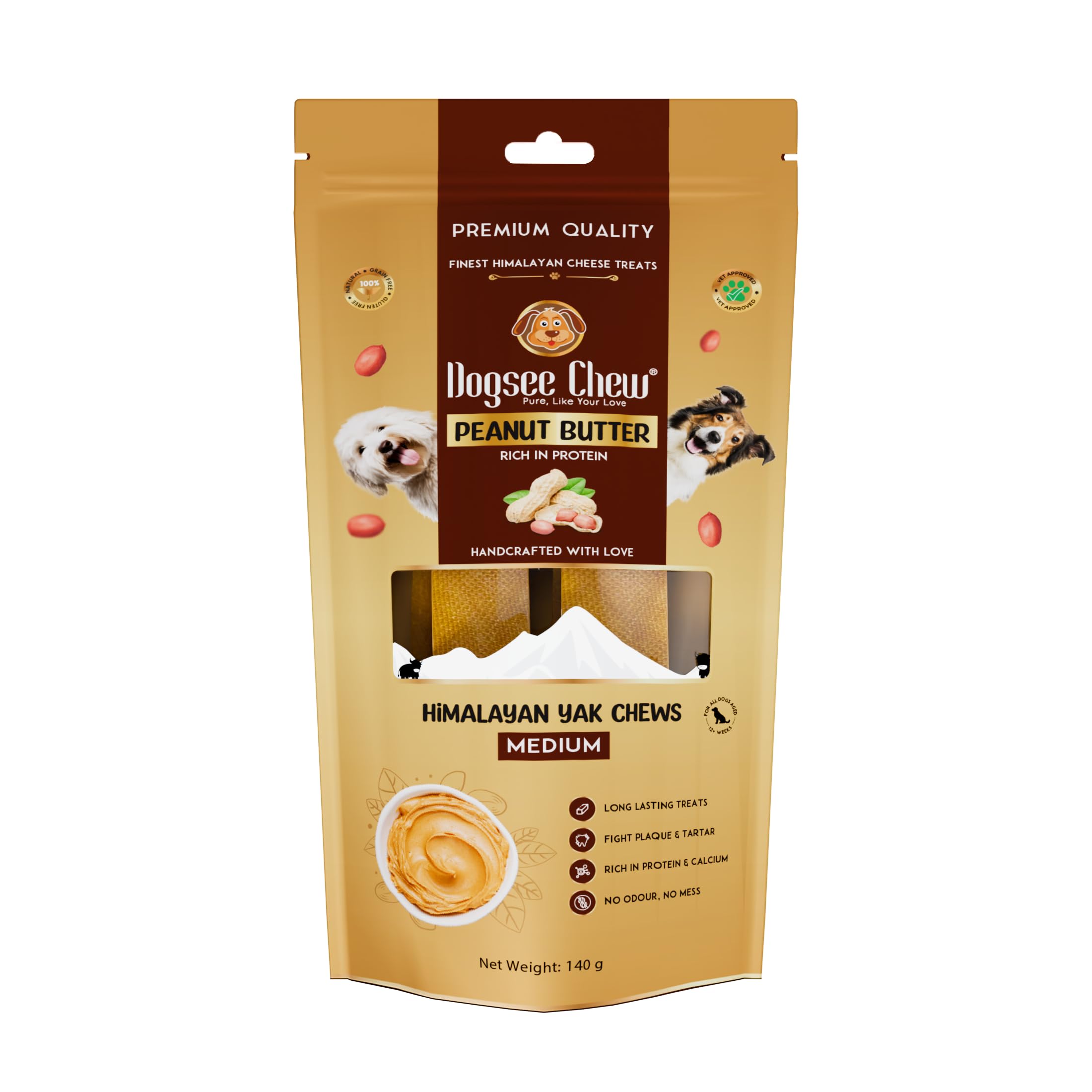 Dogsee Peanut Butter Flavor Himalayan Yak Cheese Dental Chews for Dogs 140g (Medium - 2 Chews)