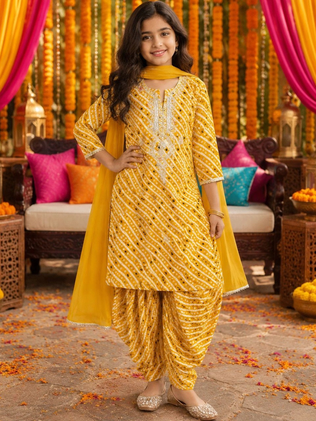 KALINI Girls Ethnic Motifs Printed Regular Thread Work Kurta with Patiala & With Dupatta