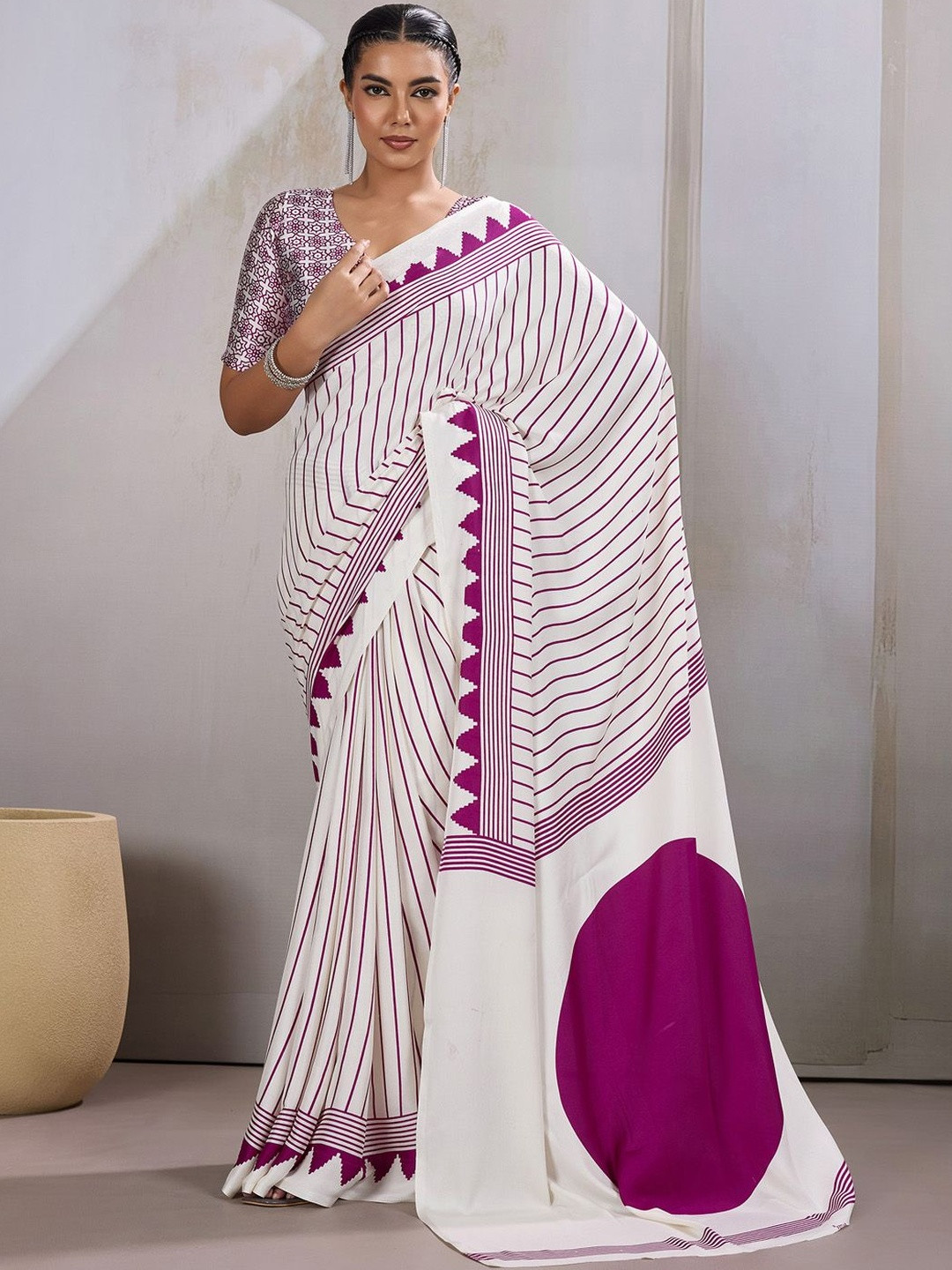 Anouk Rustic Satin Striped Printed Leheriya Saree