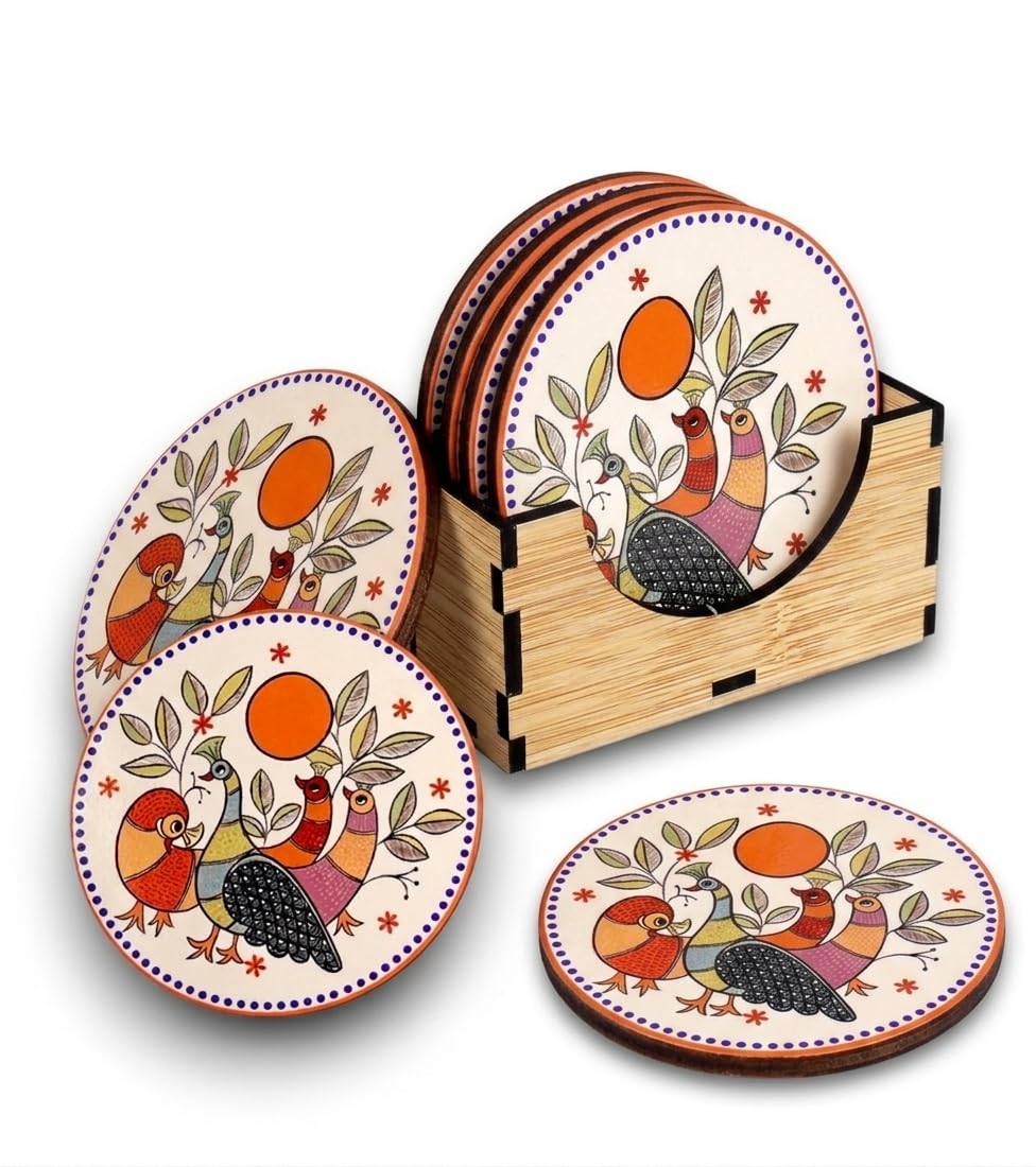 Madhubani Vibrant Peacock Wooden Coaster Set of 6 with Holder & Gift Box