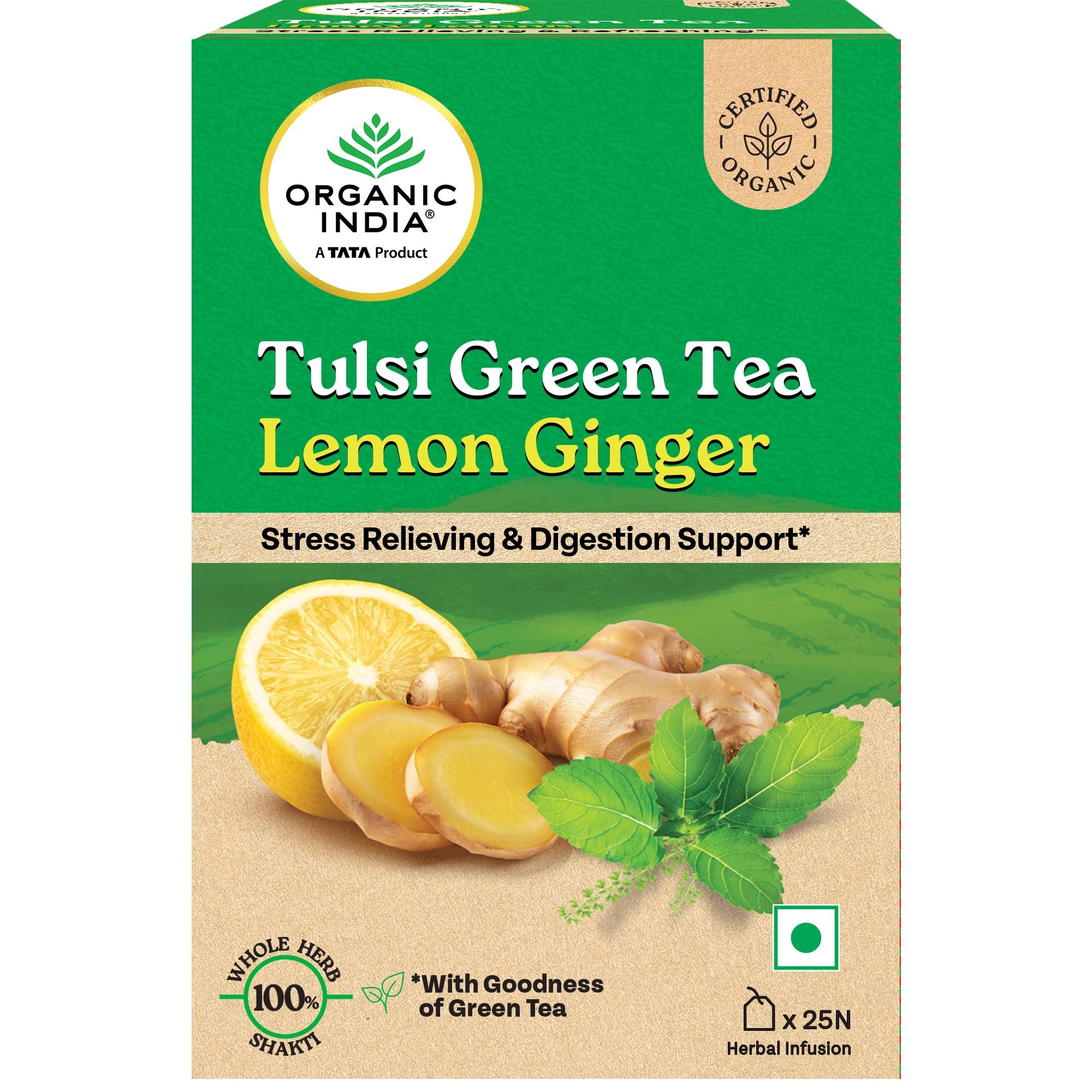 A TATA Product - Organic India Tulsi Green Tea Lemon Ginger - 25 Teabags, Herbal Blend with Green-Tea, Tulsi