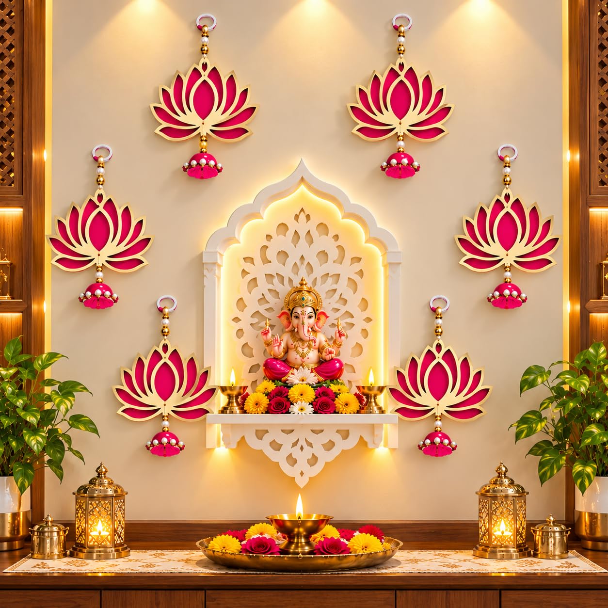Lotus Hanging for Decoration Handmade Wall Decor with Jhumki Style | Set of 6 Pink/Rani