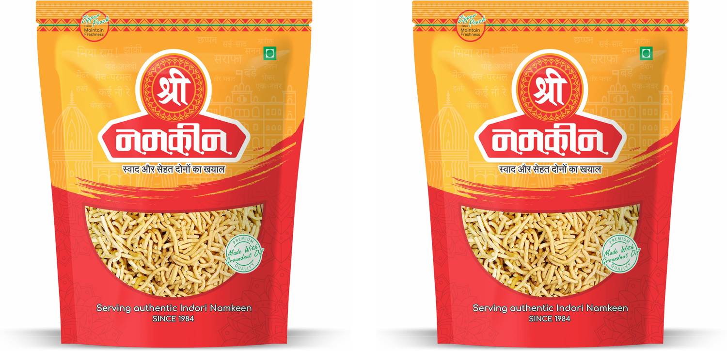 Shree Namkeen Poha Sev (Ujjaini Sev) - Indore Special, Medium Spicy Crispy and Crunchy - Pack of 2