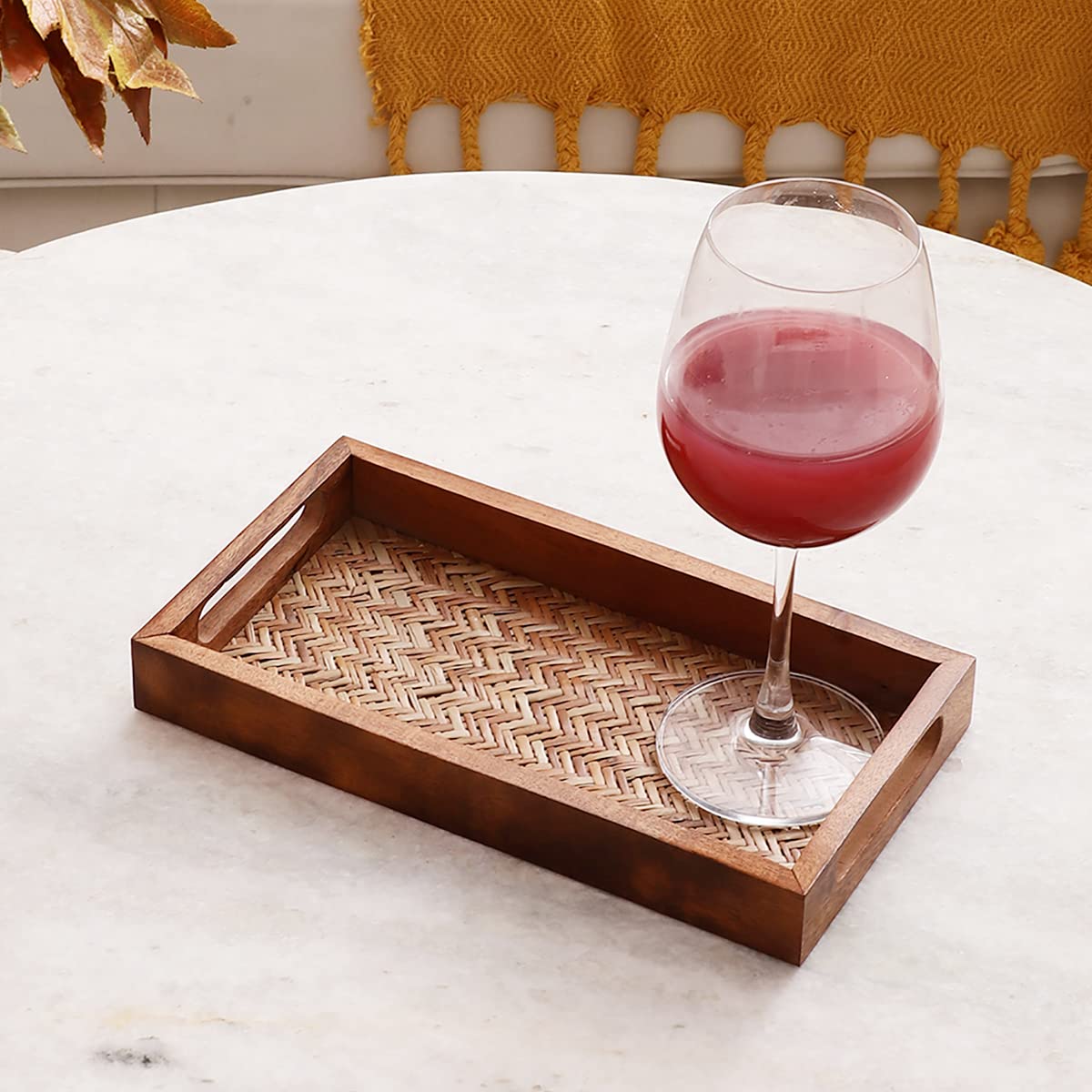 VarEesha Hand Crafted Acacia Wood Bamboo Base Small Rectangular Tray