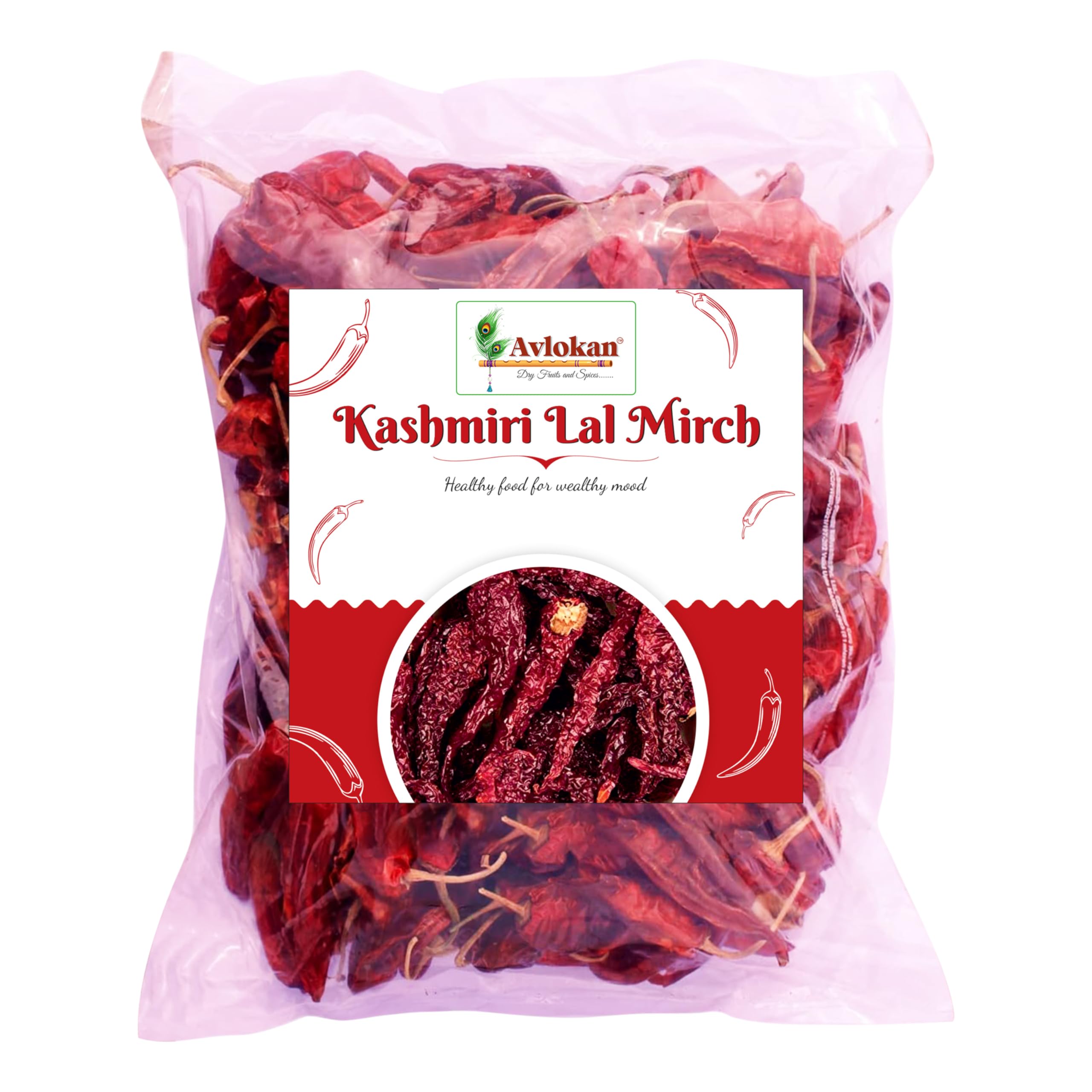 Avlokan Kashmiri Red Chilli Whole with Stem - 100% Natural, Hot & Spicy Dried Red Chilli