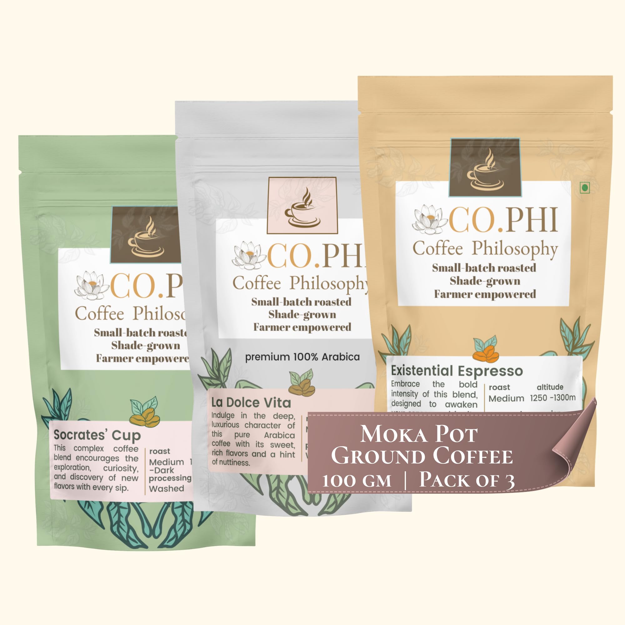CO.PHI Coffee Philosophy Sample Pack Artisan Medley (3 x 100 gms) Moka Pot Grind, Ground Coffee, Arabica Robusta Blend
