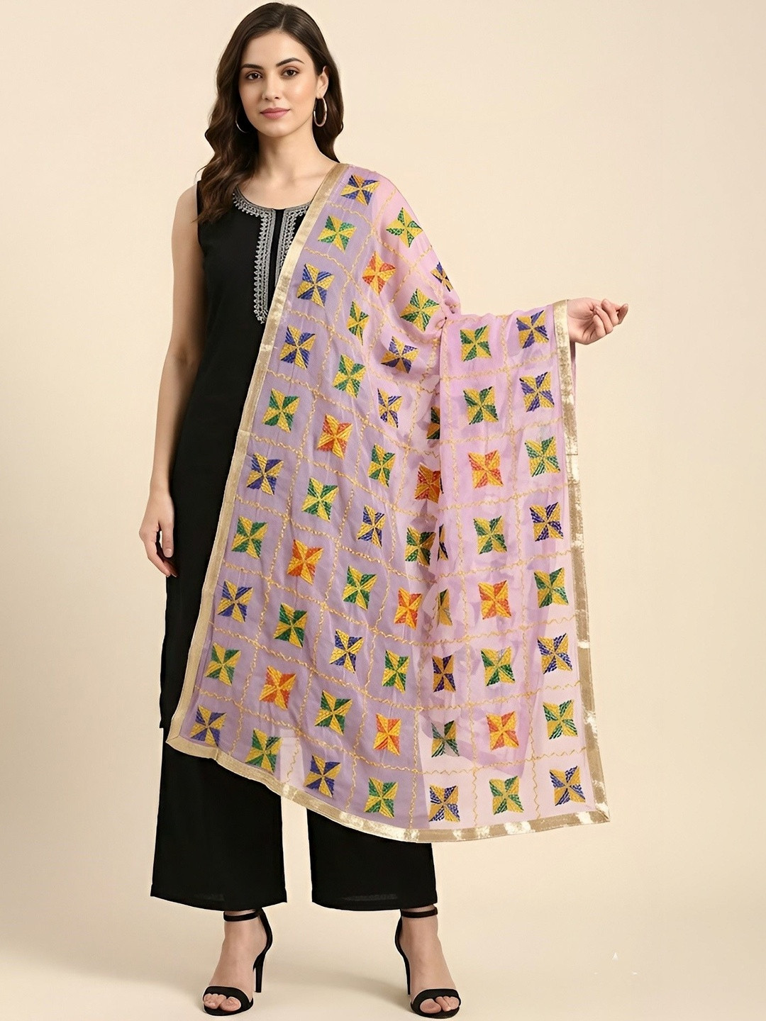 MUFFLY Embroidered Dupatta with Phulkari