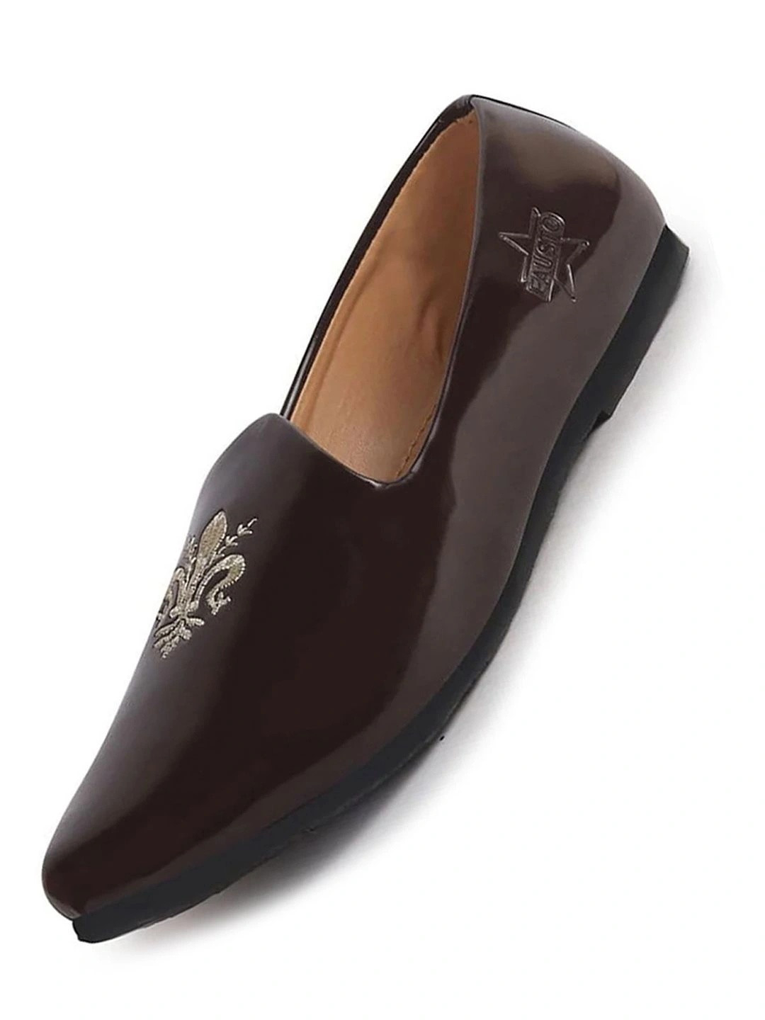 FAUSTO Men Patent Glossy Ethnic Embroidered Design Slip On Shiny Juttis &Mojaris For Party