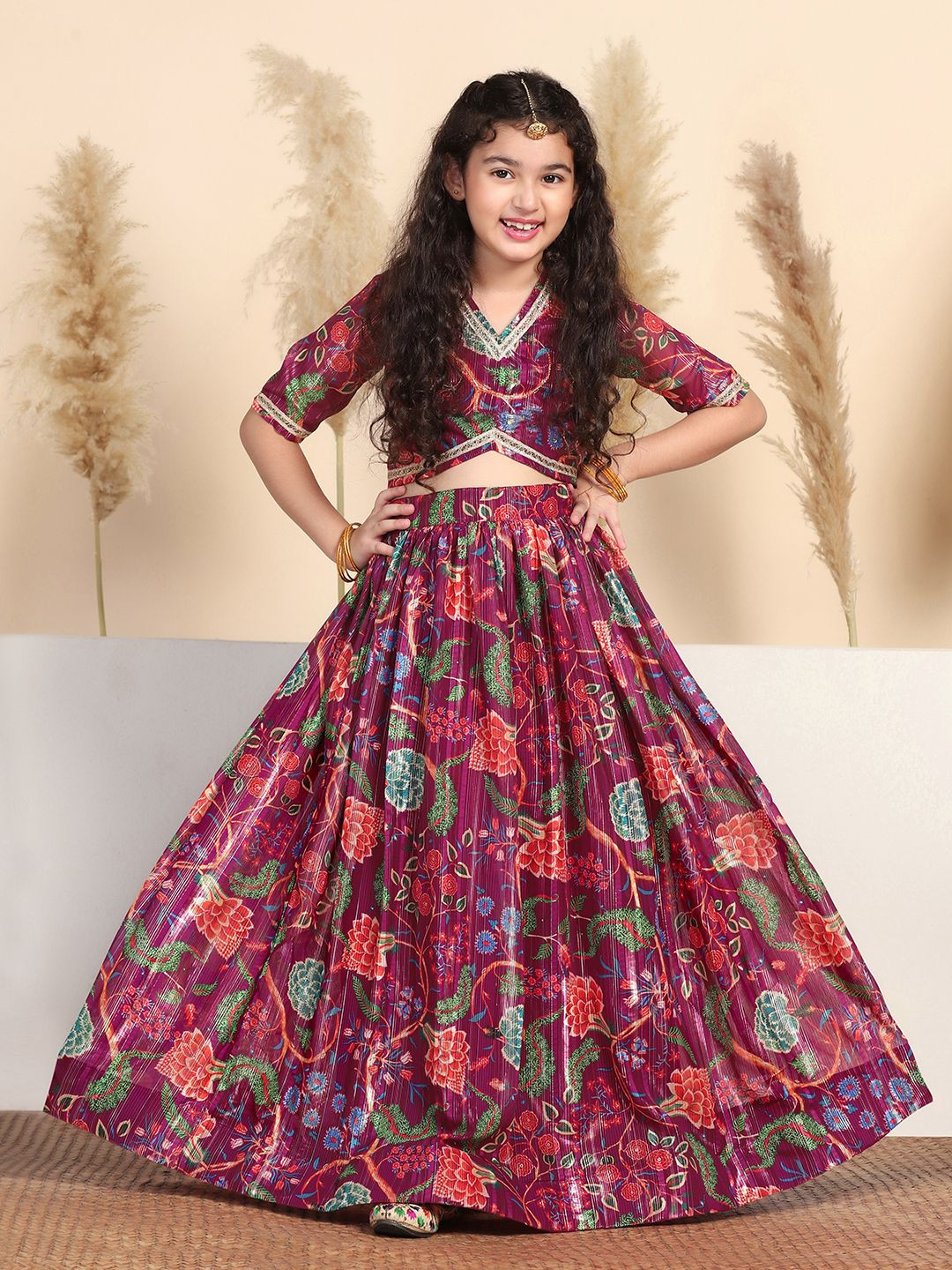 FASHION DREAM Girls Floral Printed Georgette Ready to Wear Lehenga & Choli