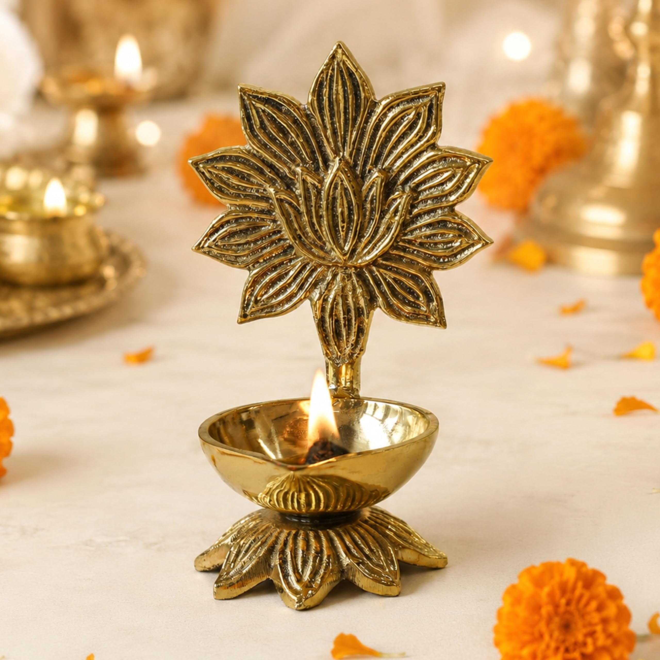 Behoma 100% Pure Brass Lotus Diya for Puja