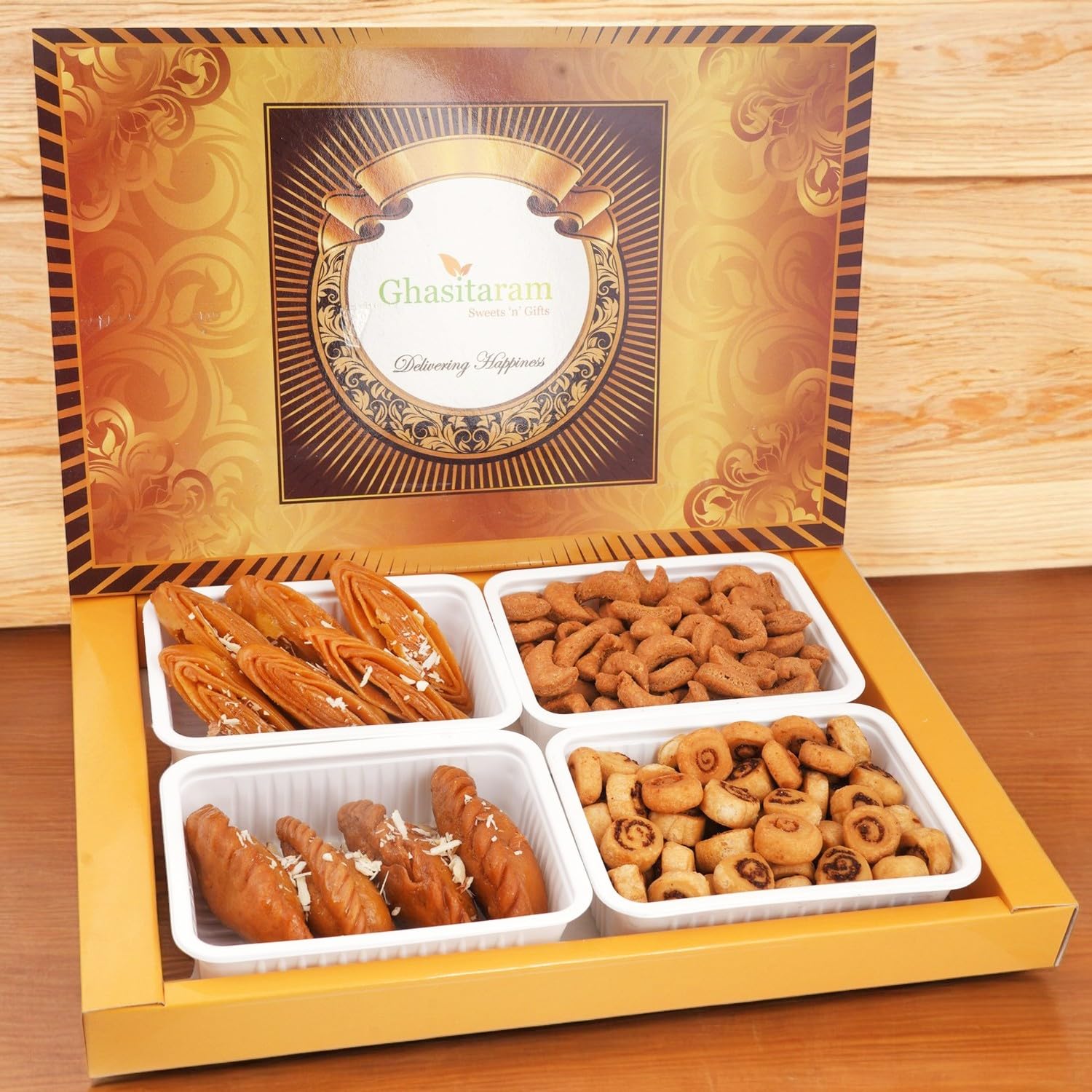 Ghasitaram Gifts Holi- Sweets/ Holi Hampers/ - Big Box of Gujiyas, Khaja; Gujiya Namkeen and Bhakar Wadi