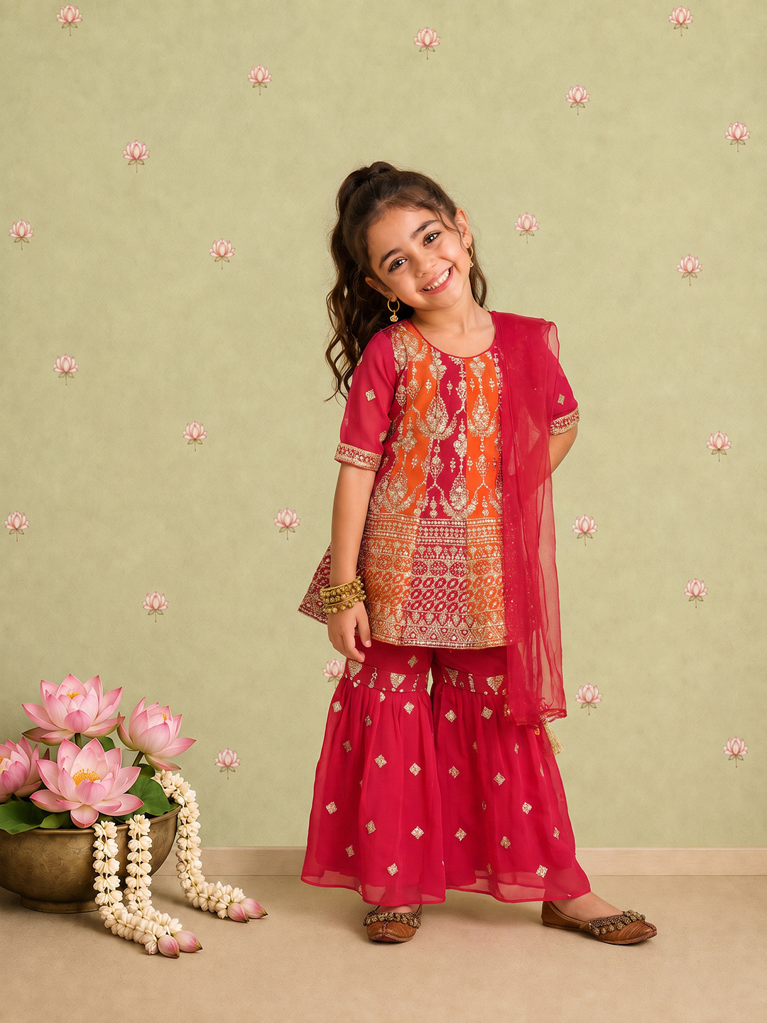 Sangria Girls Ethnic Motifs Embroidered Regular Kurta with Sharara & With Dupatta