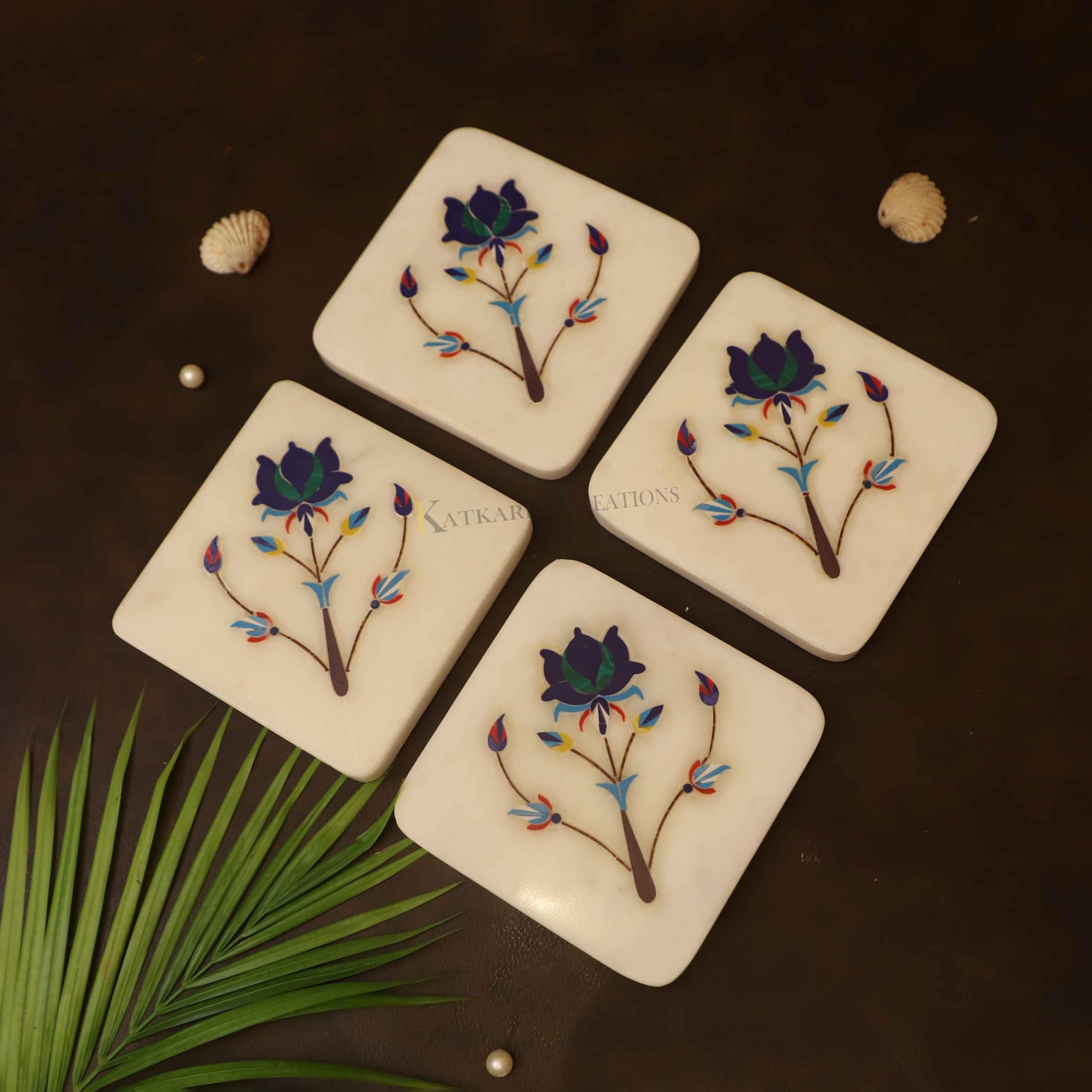 Katkaria Creations Marble Inlay Coaster Set of 4 Handcrafts by Indian Artisans