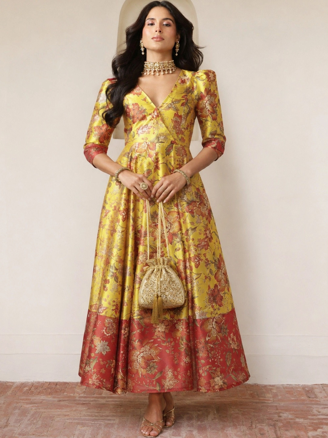 Shae by SASSAFRAS Floral Printed Wrap Anarkali Maxi Dress