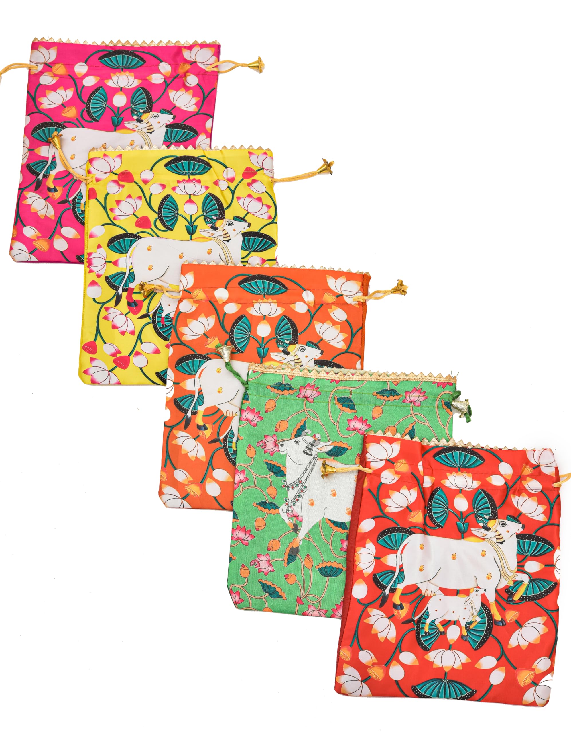 Sanvastar Cow & Lotus Printed Potli Bag Combo - Set of 5 Multicolored Festive & Religious Return Gift Bags
