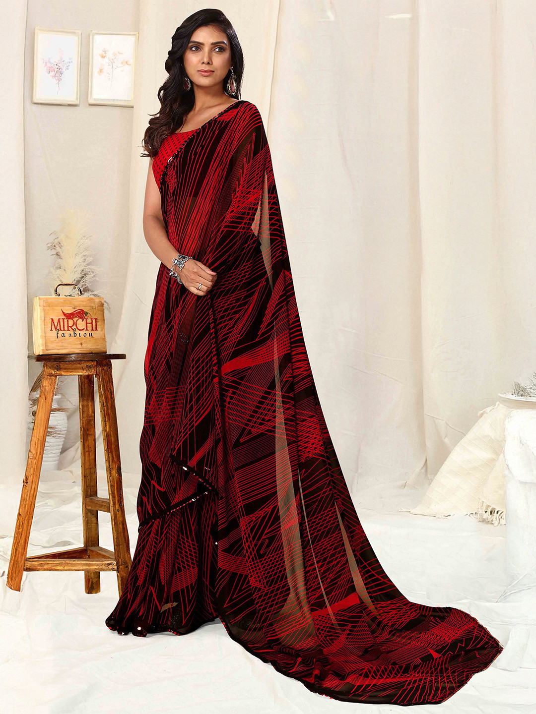 MIRCHI FASHION Leheriya Striped Ready to Wear Saree
