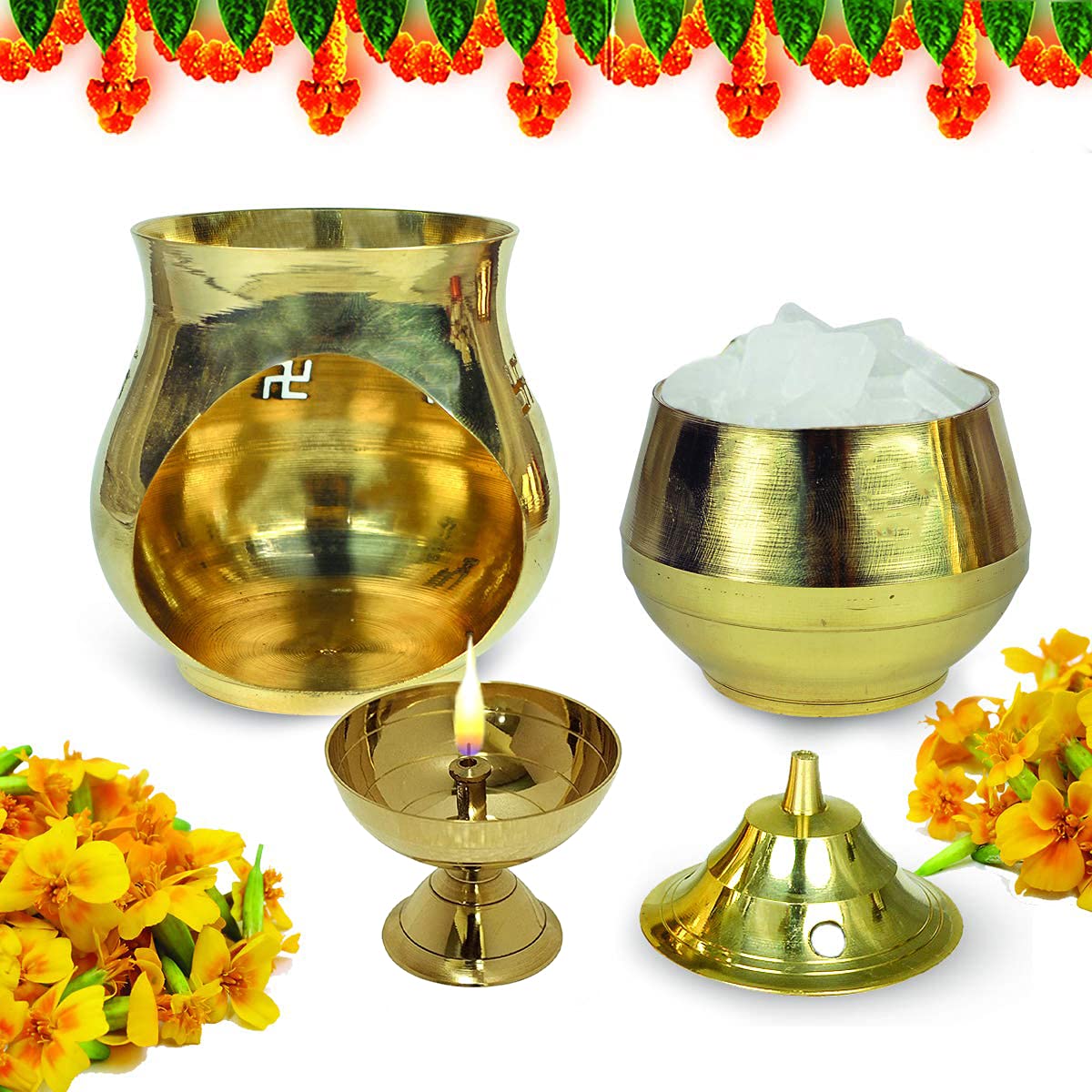 Combo of 2 Pcs Classic Round Diya with Kapoor and Camphor Diffuser Lamp for Worship/Religious Brass Item (2 Pieces