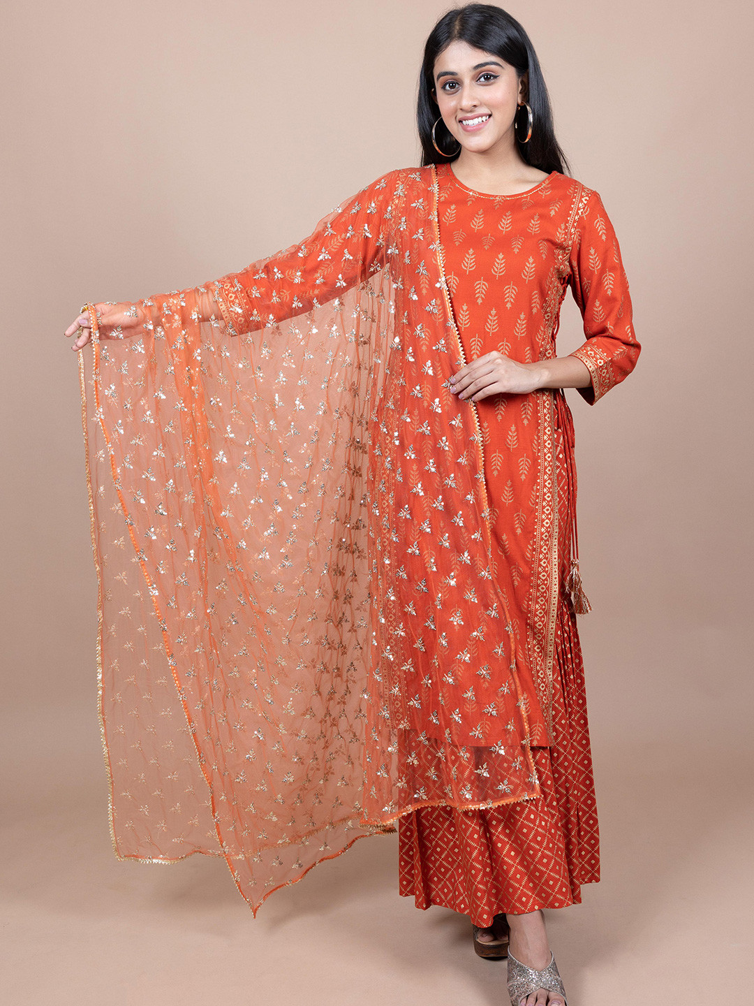 HERE&NOW Orange & Gold-Toned Ethnic Motifs Embroidered Dupatta