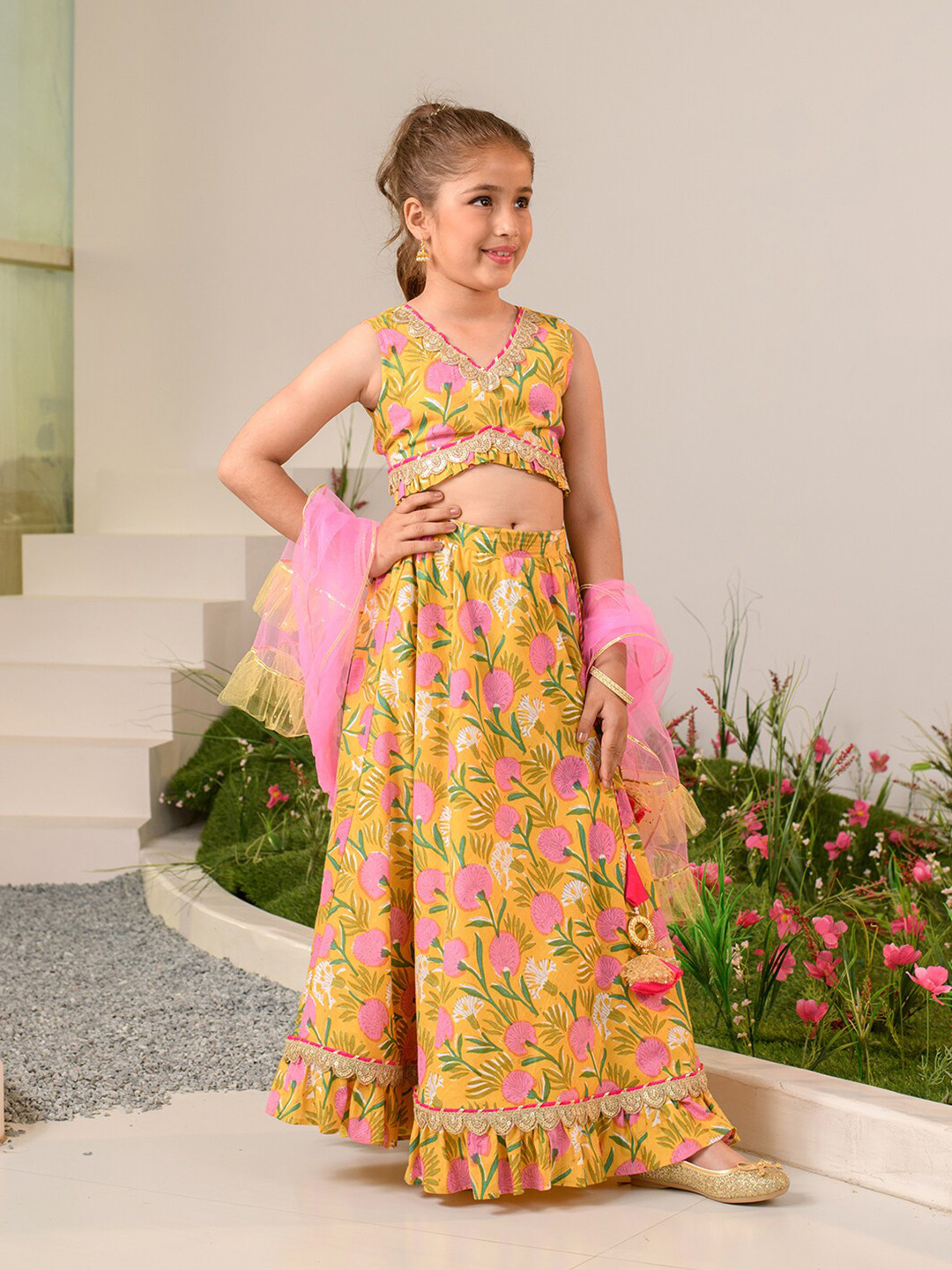 Pspeaches Girls Mustard Floral Cotton Lehenga Choli Dupatta Set