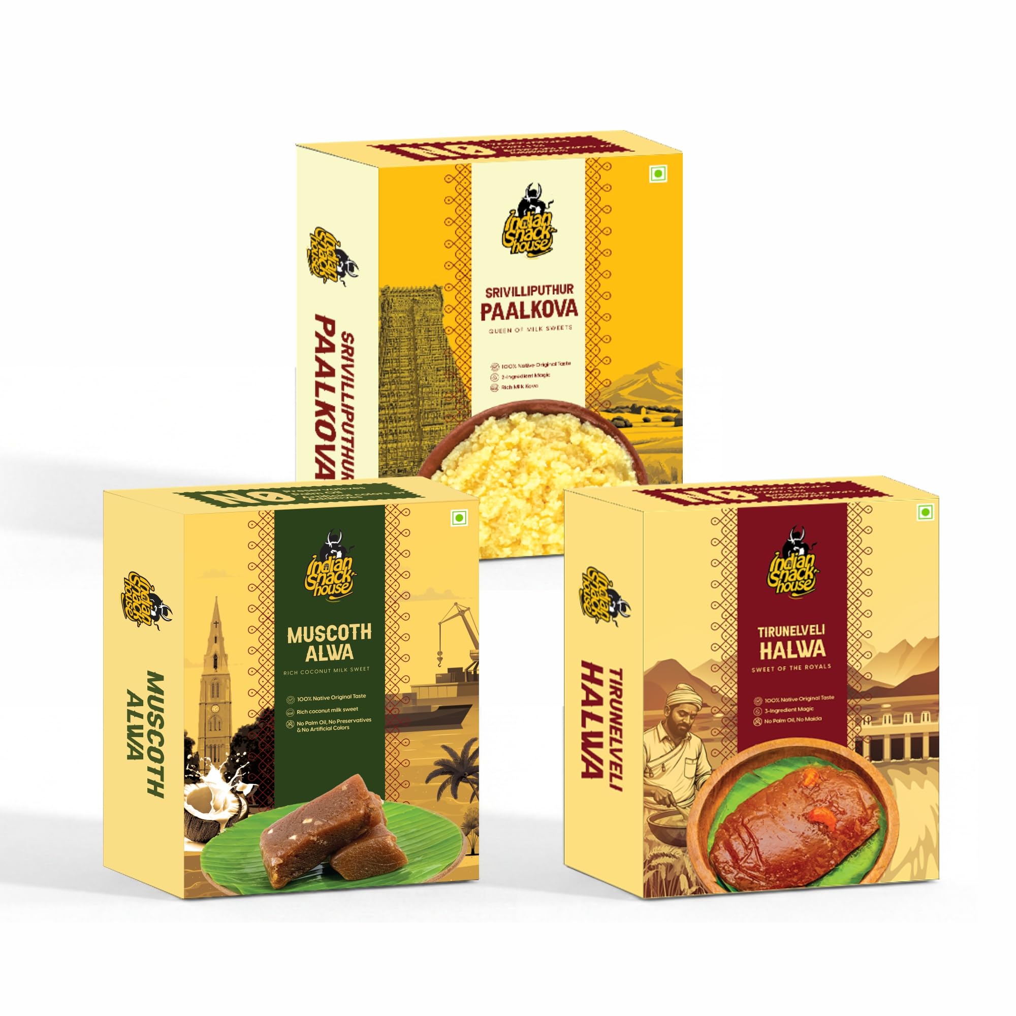 Indian Snack House Iconic Sweets of South Gift Box, Palkova, Ghee Halwa and Coconut Milk Muscoth Halwa