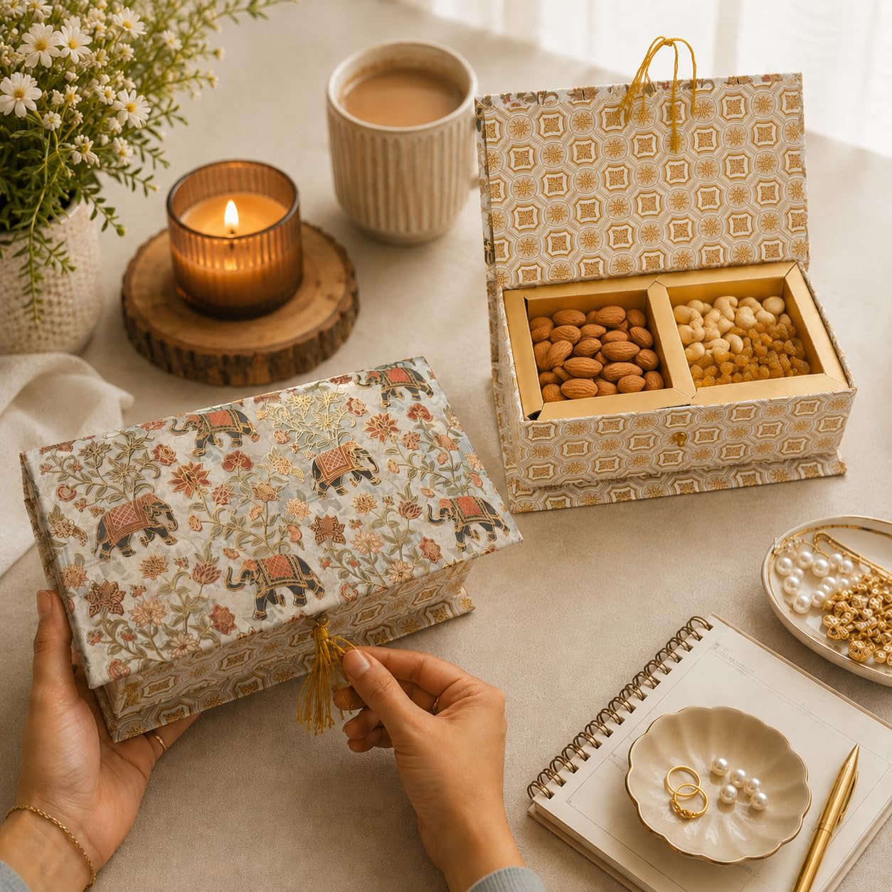 Pure Source India Printed Decorative Storage Box with 2 Compartments