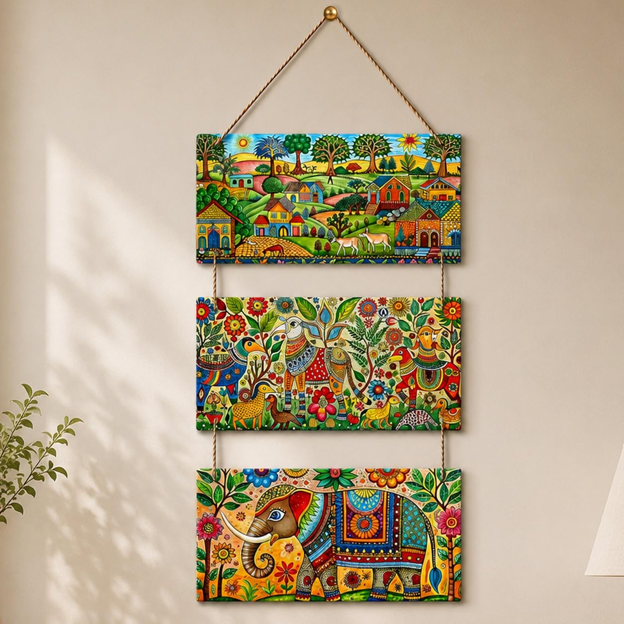 Artvibes Madhubani Village Life Decorative MDF Wooden Wall Art for Home