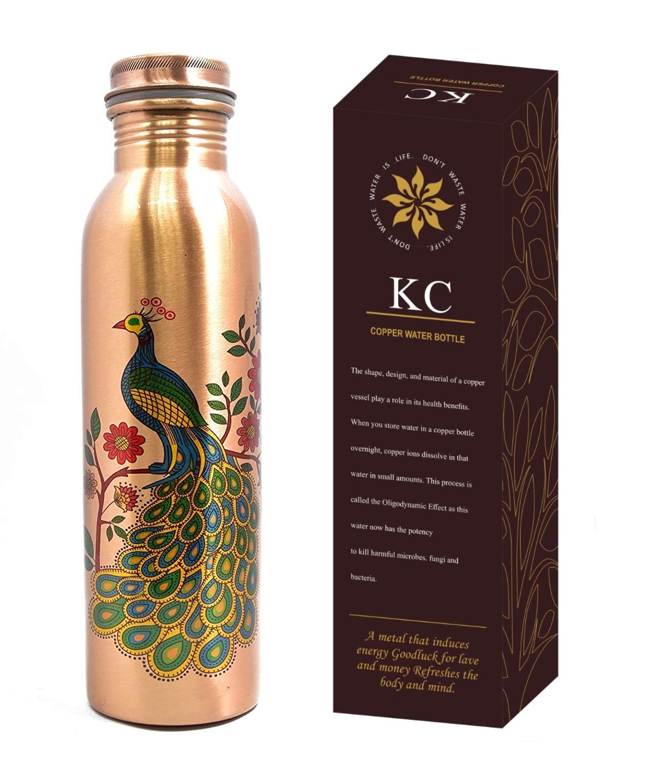 KC Pure Copper Peacock Designer Water Bottle with Advanced Leak Proof Protection, Ayurveda and Yoga Health Benefits.